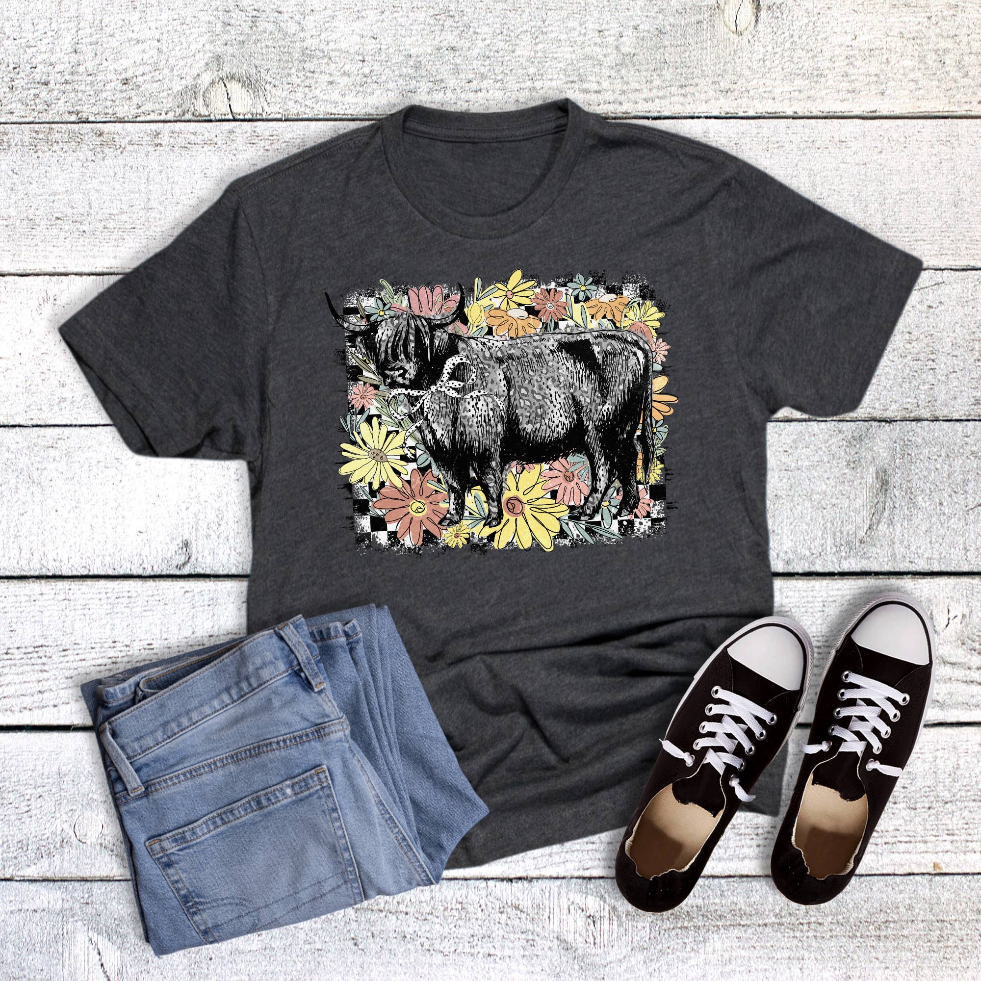 Checker Wildflower Highland Cow Graphic Tee