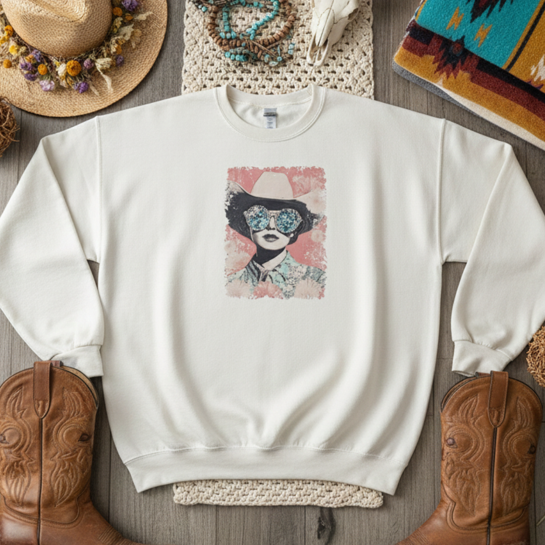 Western Pop Art Cowgirl Sweatshirt Rhinestone Aceented