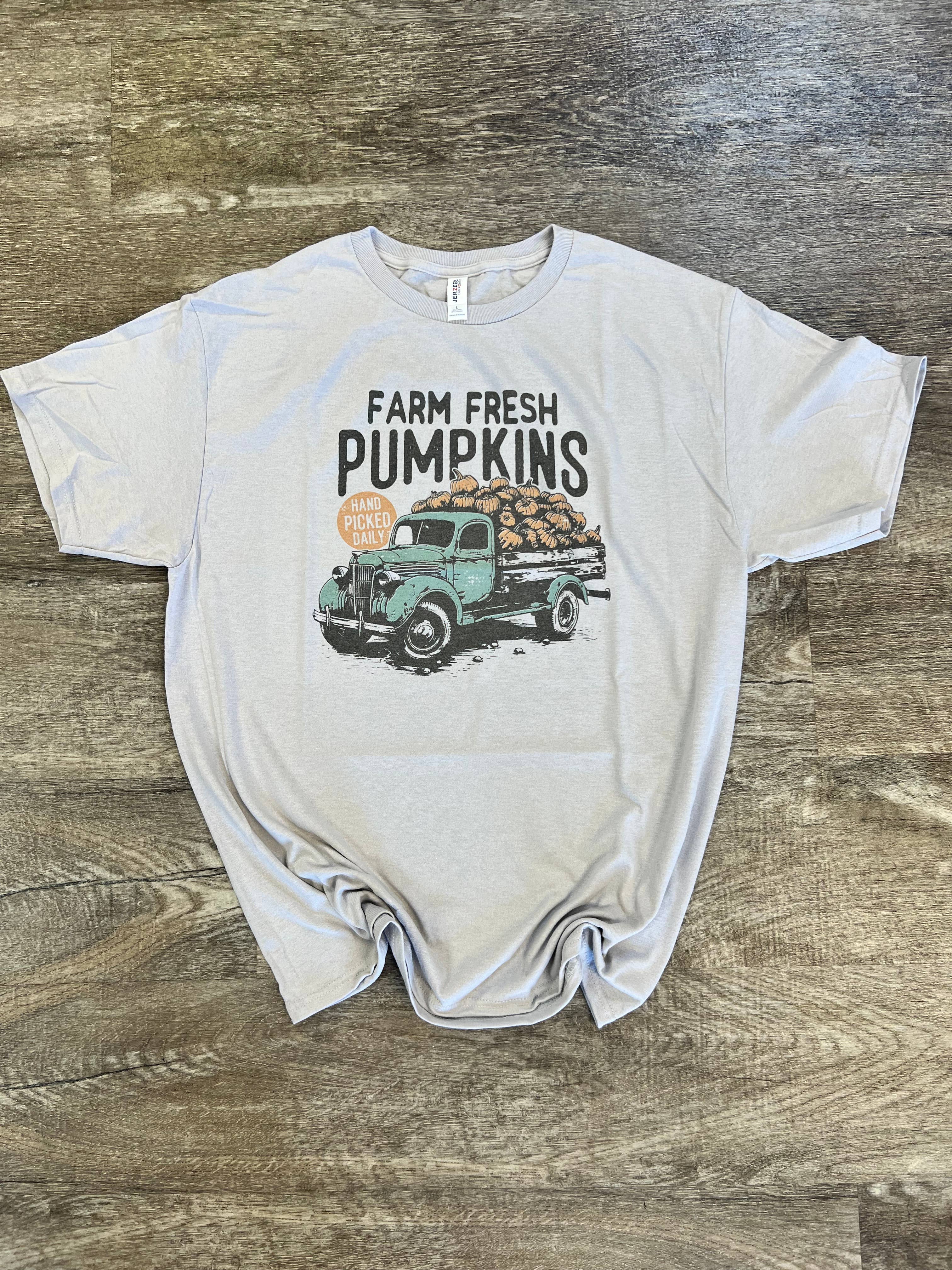 Farm Fresh Pumpkins with Truck On Silver Tee