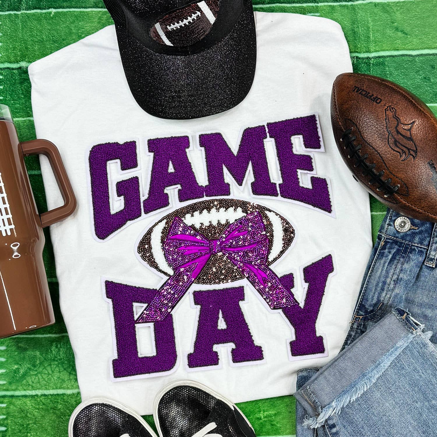 Purple Chenille Football Game Day with Sequin Bow White Tee