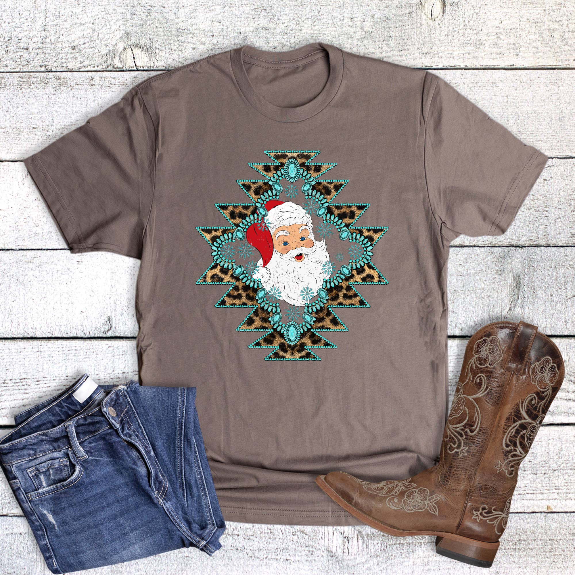 Christmas Western Turquoise Aztec Santa Graphic Tee