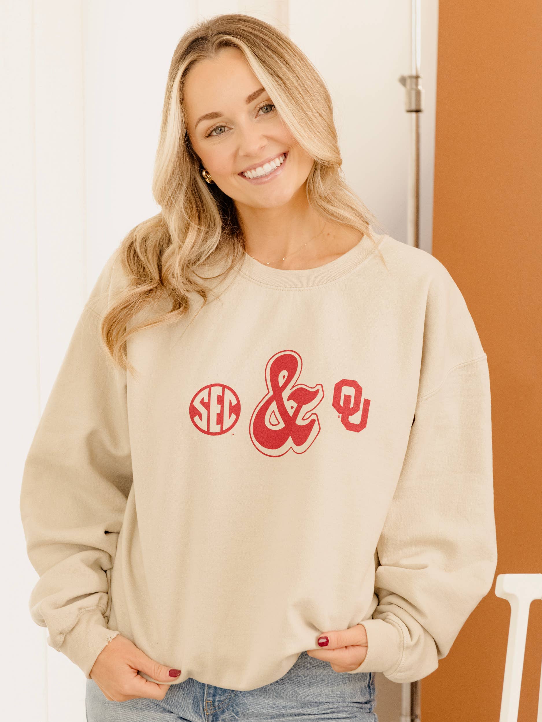 Ou Sooners Sec Ampersand Sand Thrifted Sweatshirt