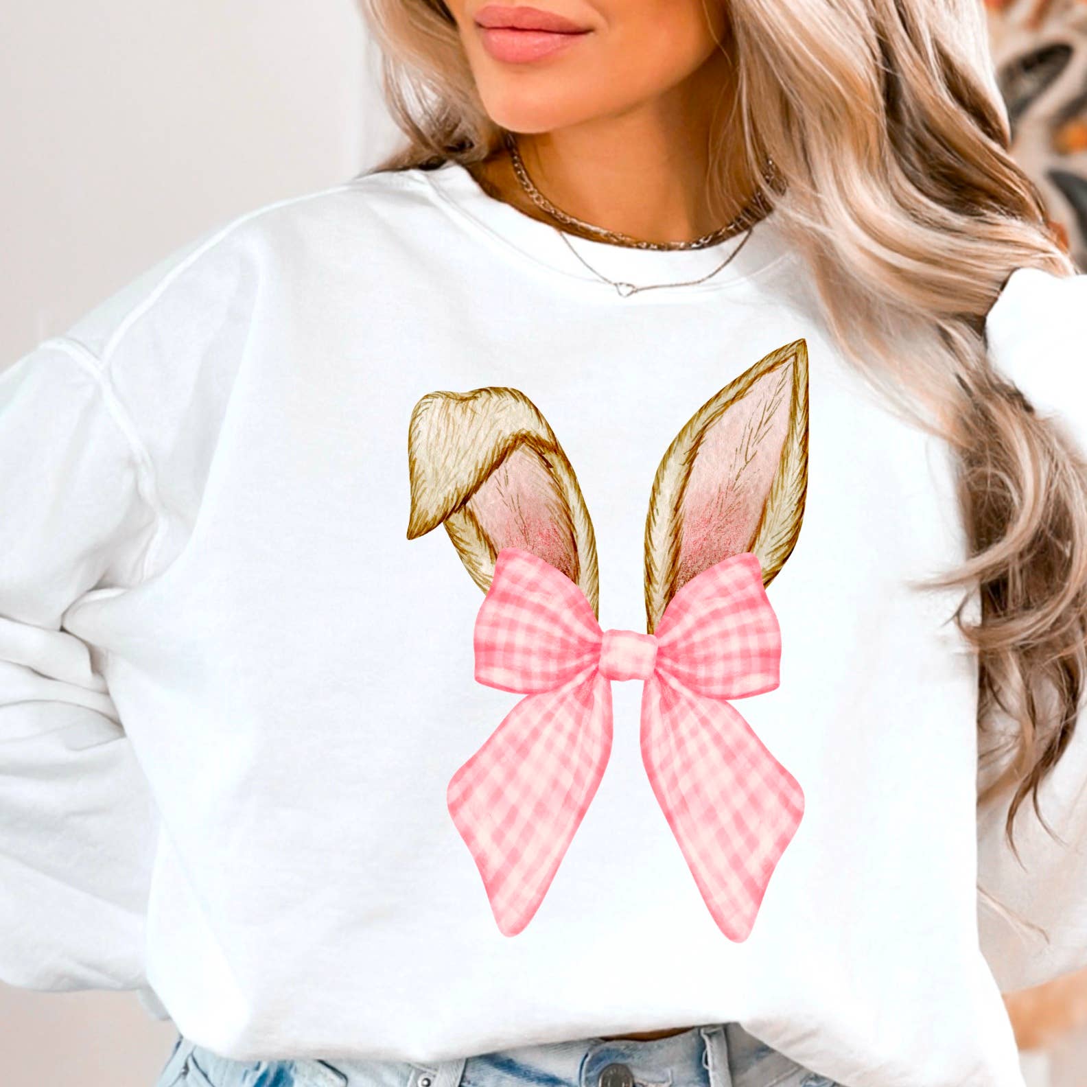 Plaid Coquette Bow Easter  Bunny Ears  Graphic Sweatshirt
