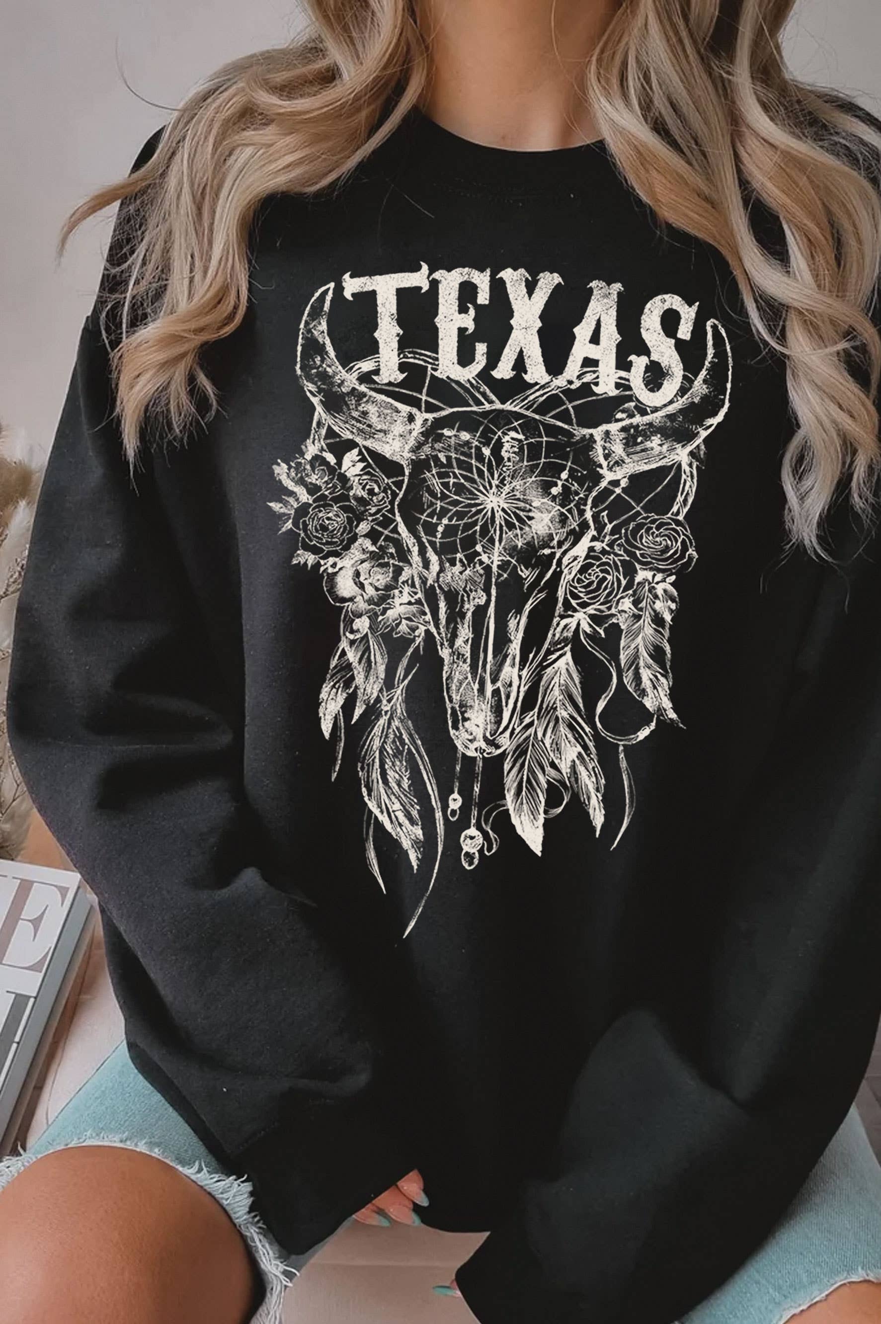 Texas Dream Catcher Cow Skull Graphic Brushed Sweatshirts
