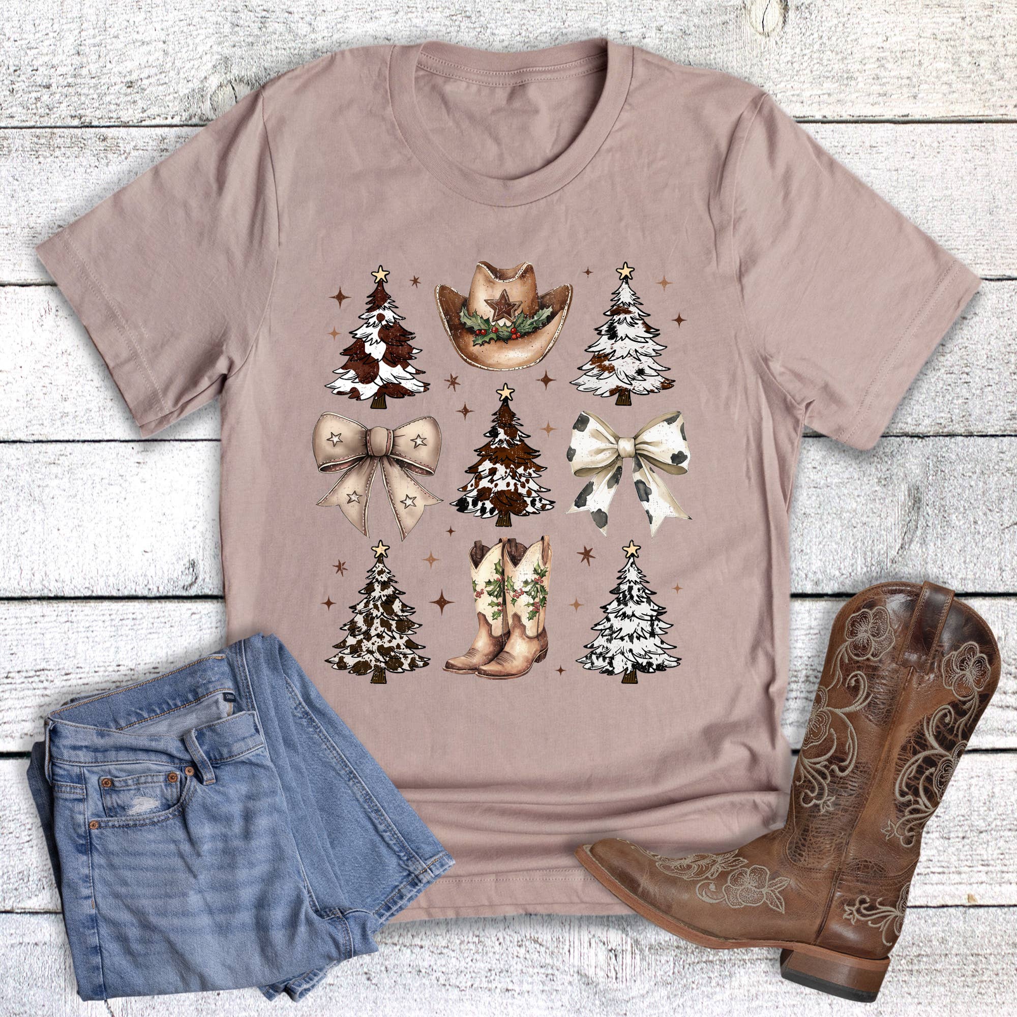 Western Christmas Cow Coquette Bows Graphic Tee