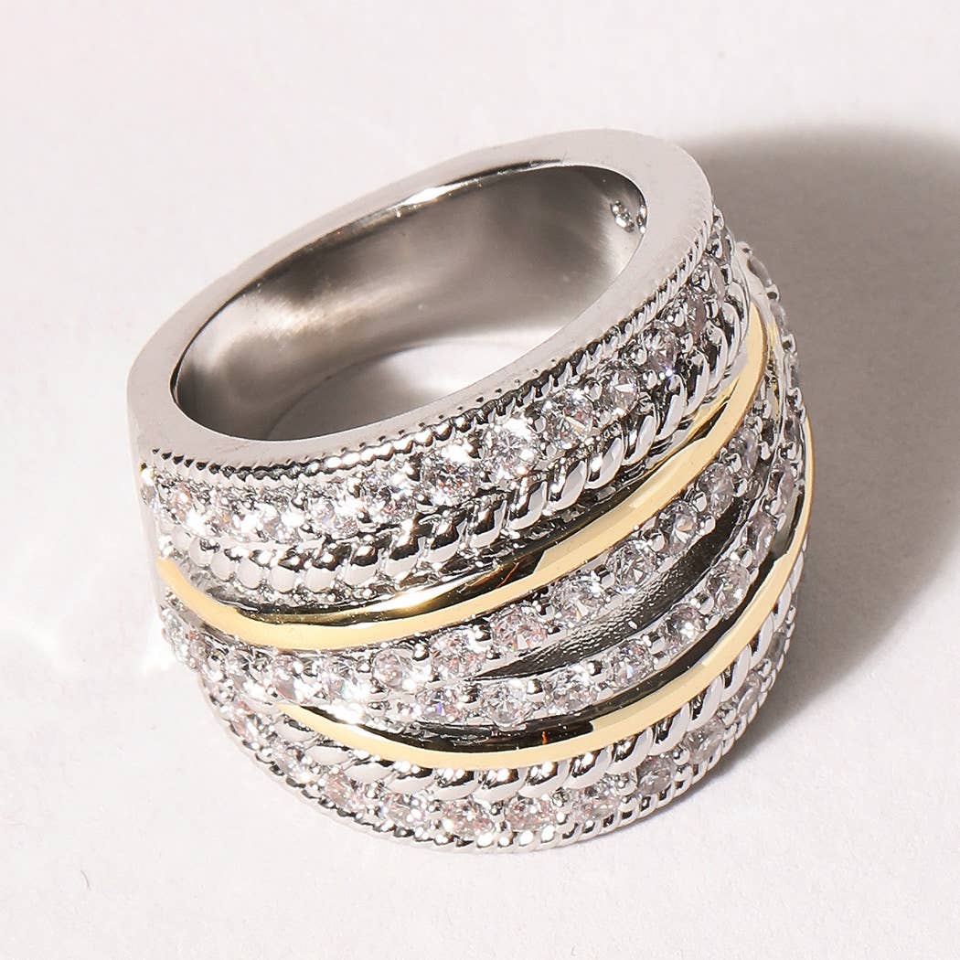 Two Tone Multi-Layered Cz Micro Pave Ring