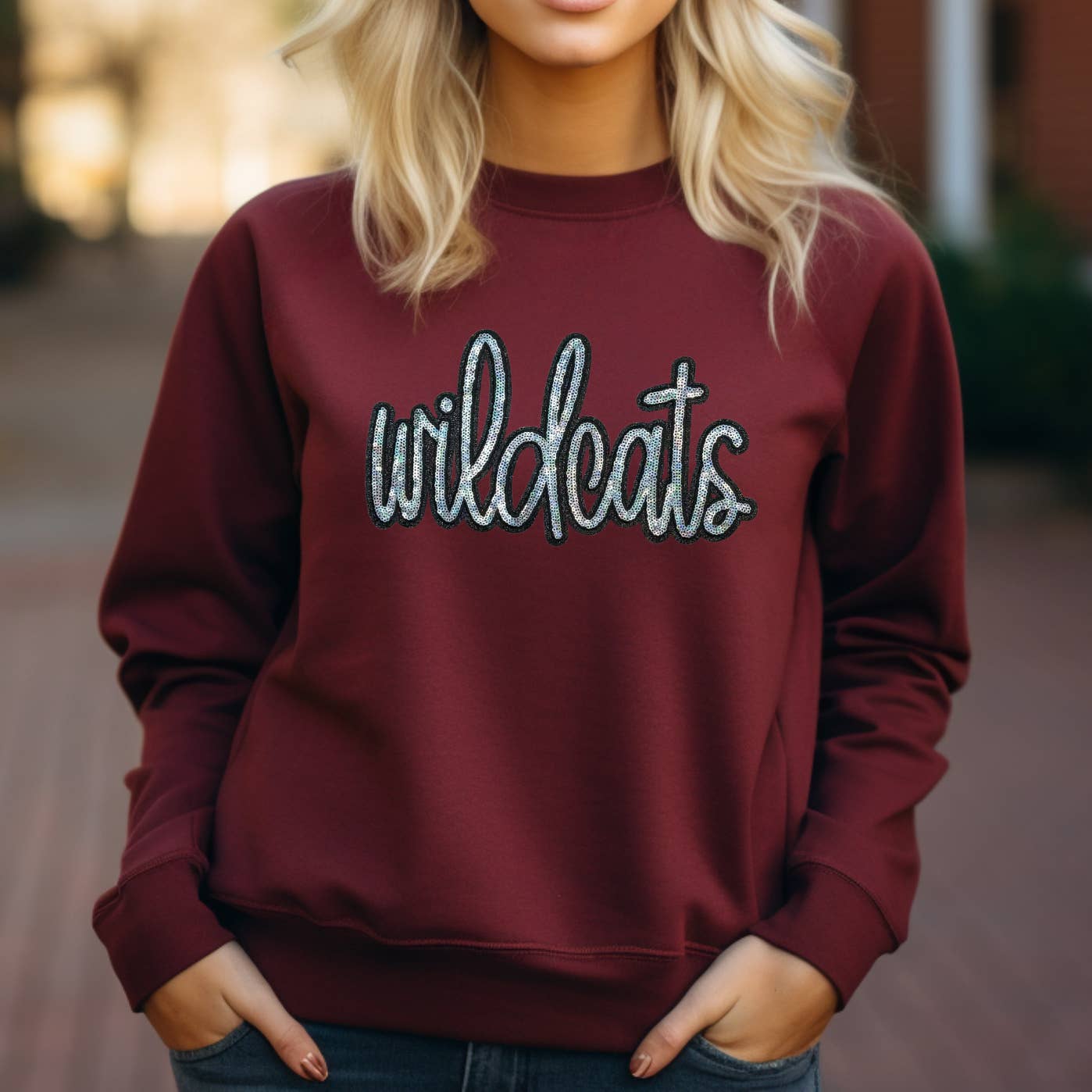 Wildcats Sequin Patch Garnet Crewneck Sweatshirt