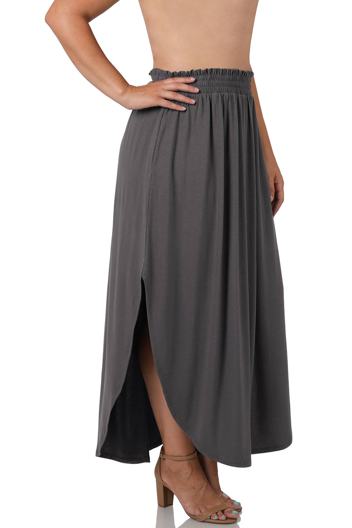 "._ Plus Size Smocked Waist Side Slit Maxi Skirt W/Pockets