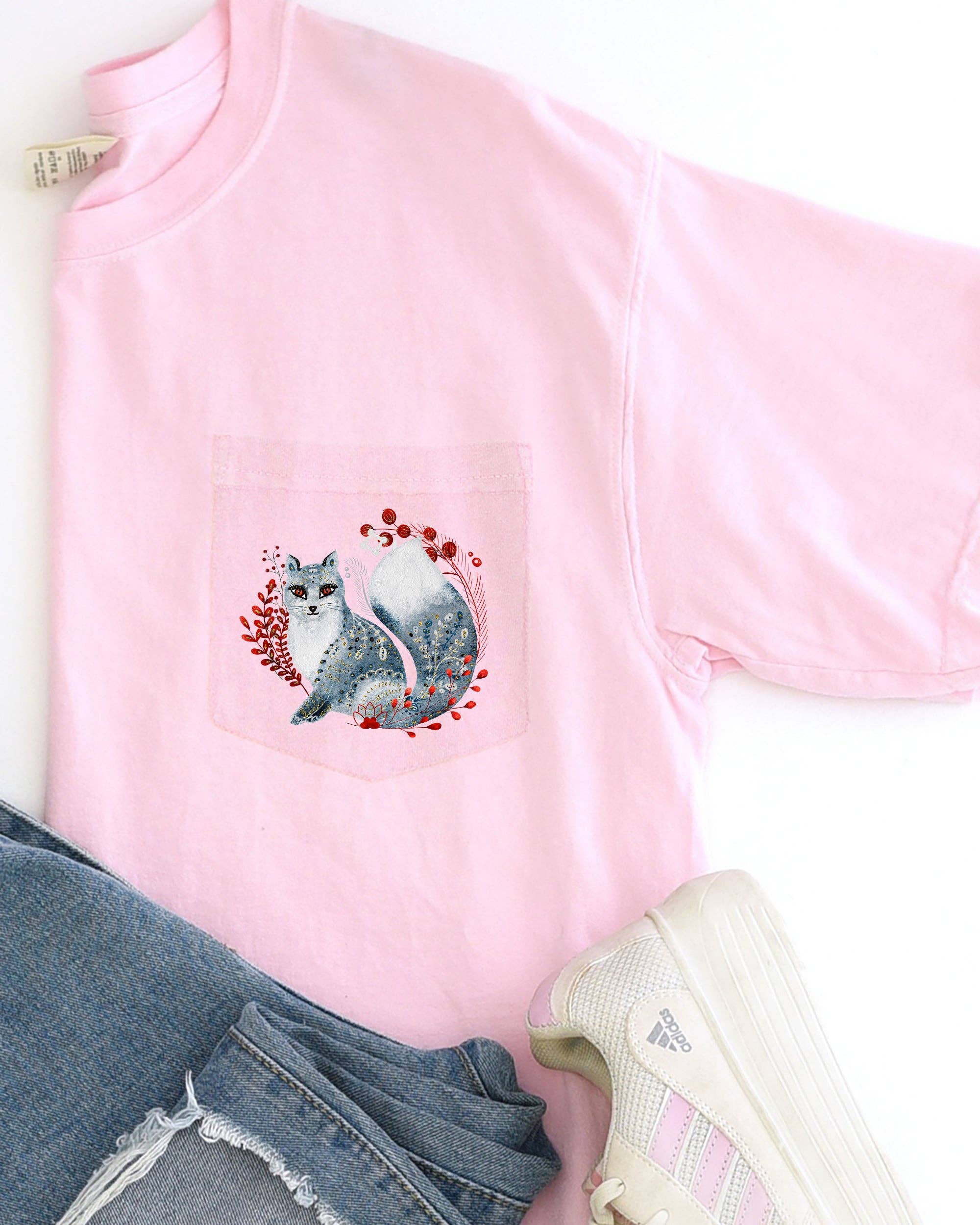 Christmas Fox, Folk Art, Santa, Flowers, Floral Pocket Tee
