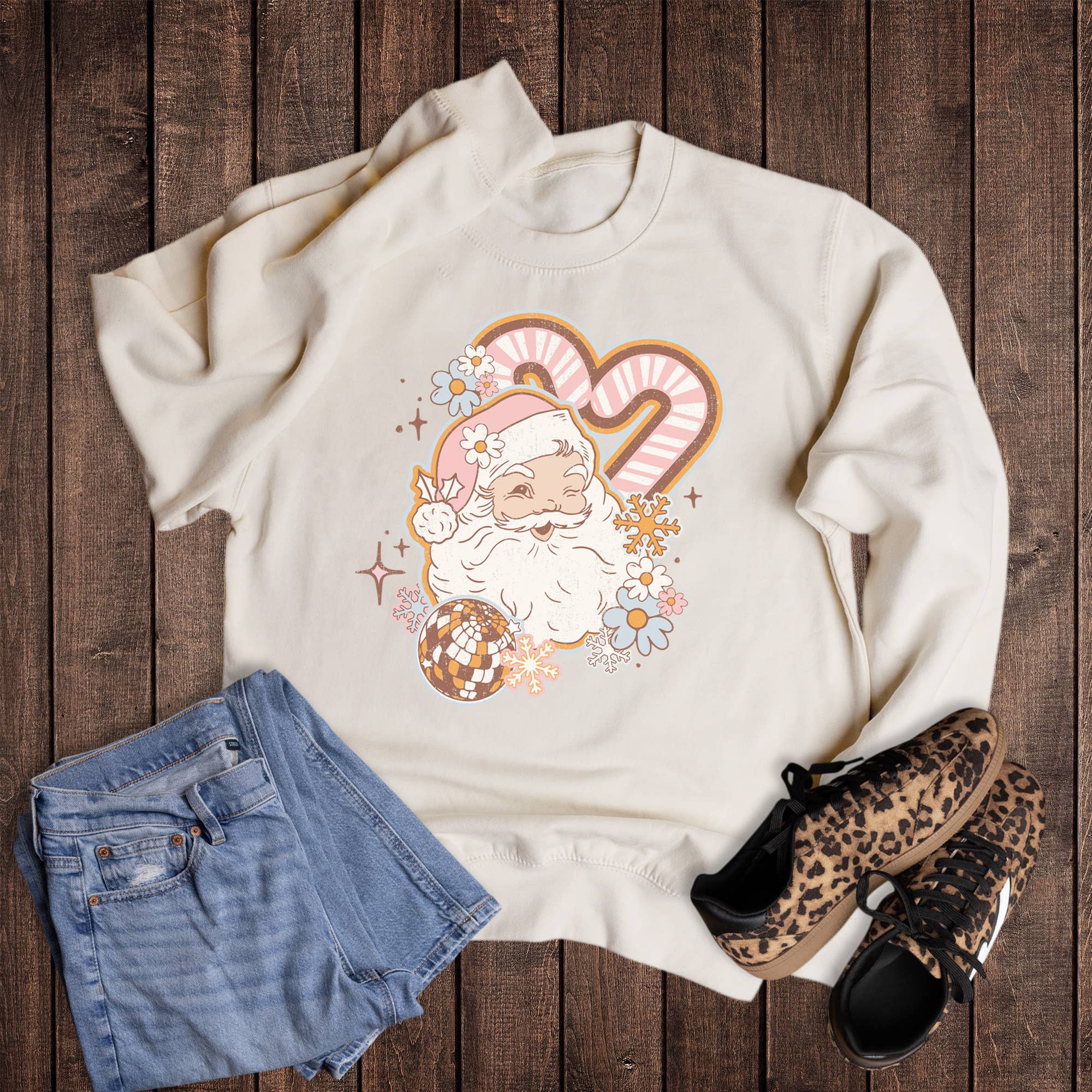 Boho Floral Santa Candy Canes Sweatshirt