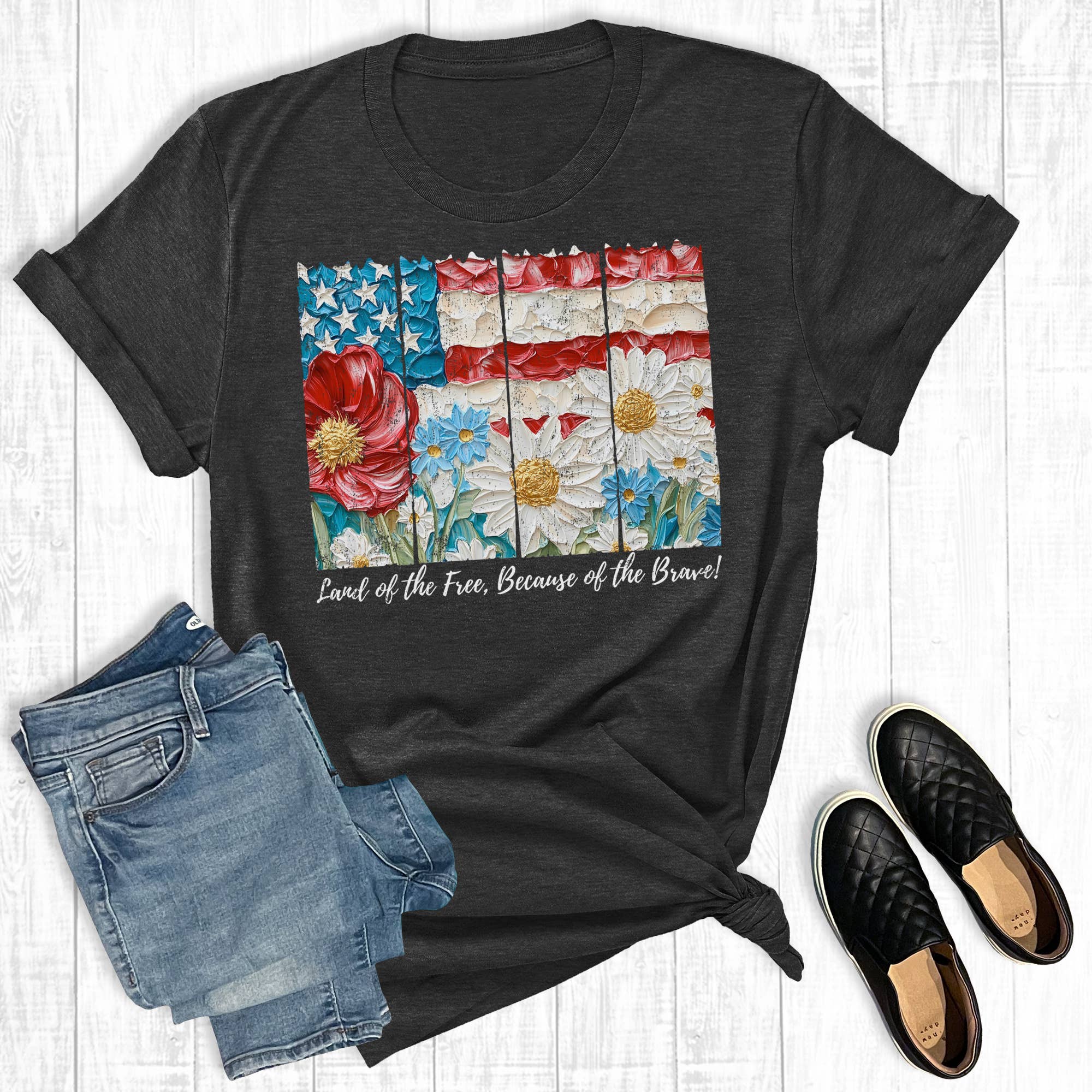 4th of July Patriotic Flag Because of the Brave Graphic Tee