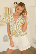 V-Neck Floral Peplum Top with Puff Sleeves