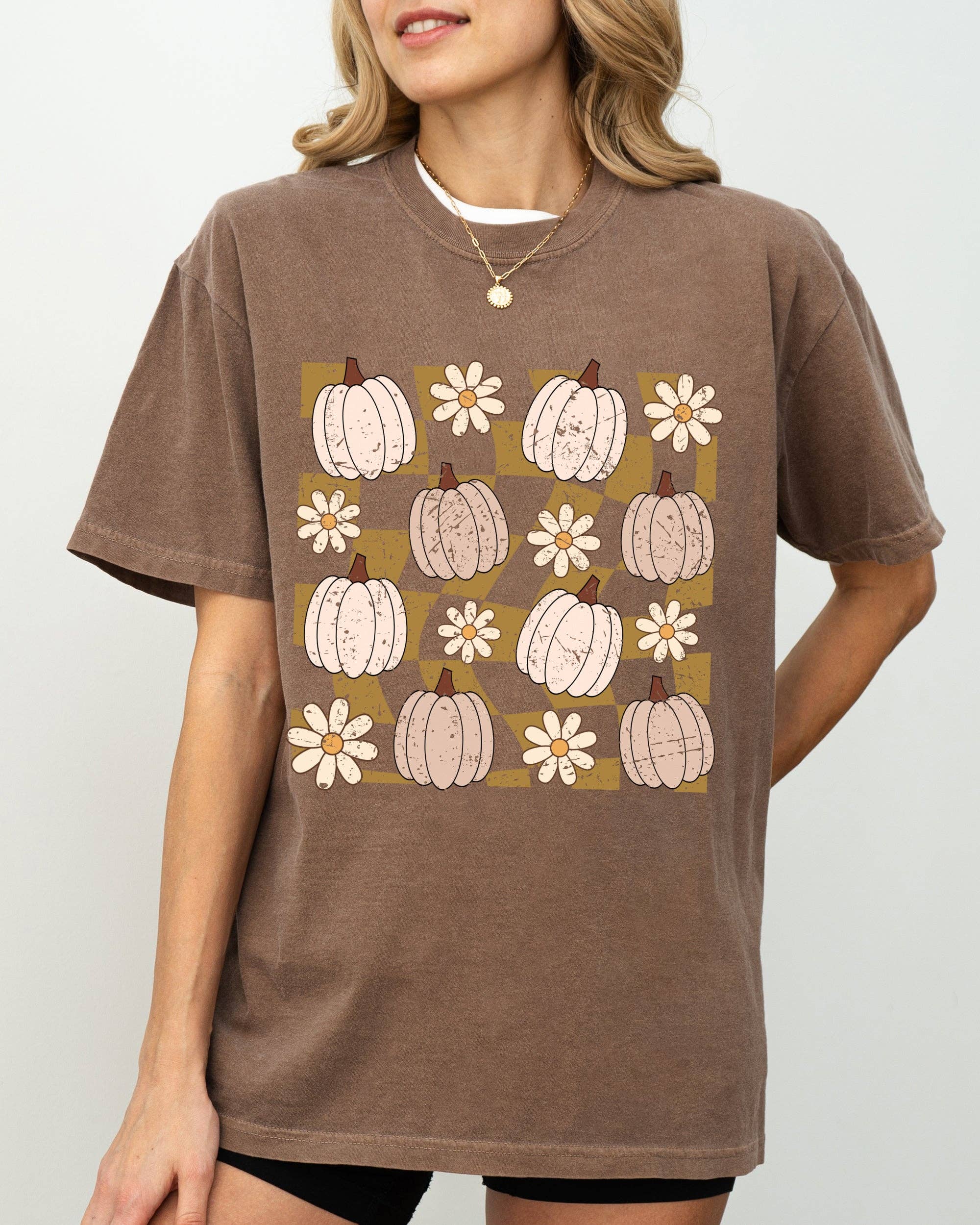 Checkered Pumpkins Daisies Flowers Halloween Autumn Shirt