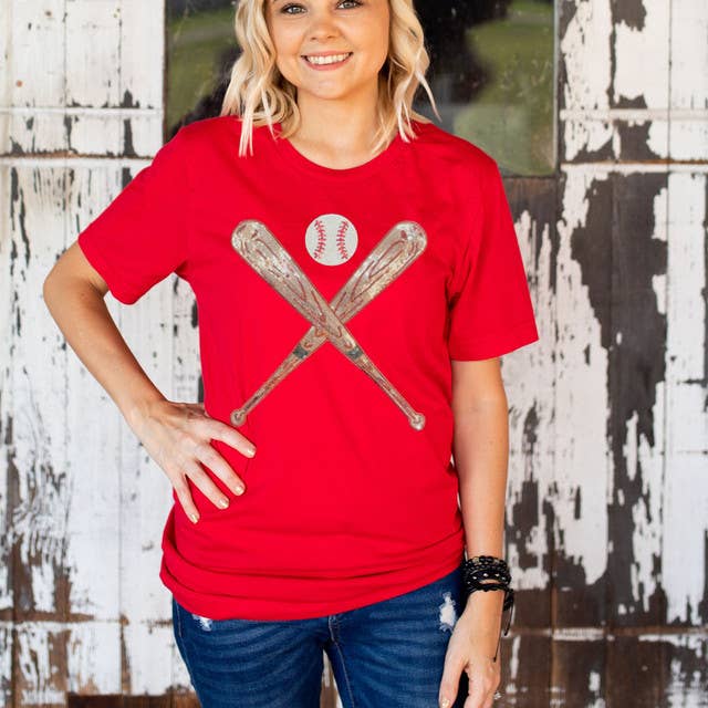 Sequin Bats and Baseball Patch Red Everyday Tee