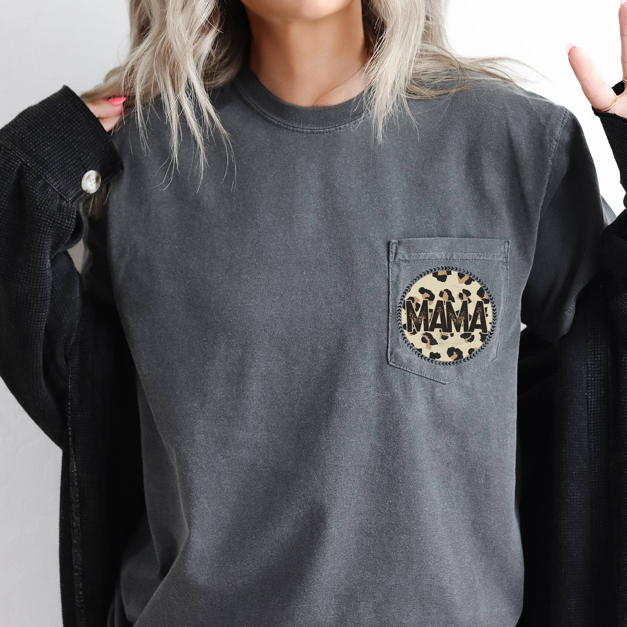 Mama, Retro, Western, Leopard Print, Circle, Pocket Tee