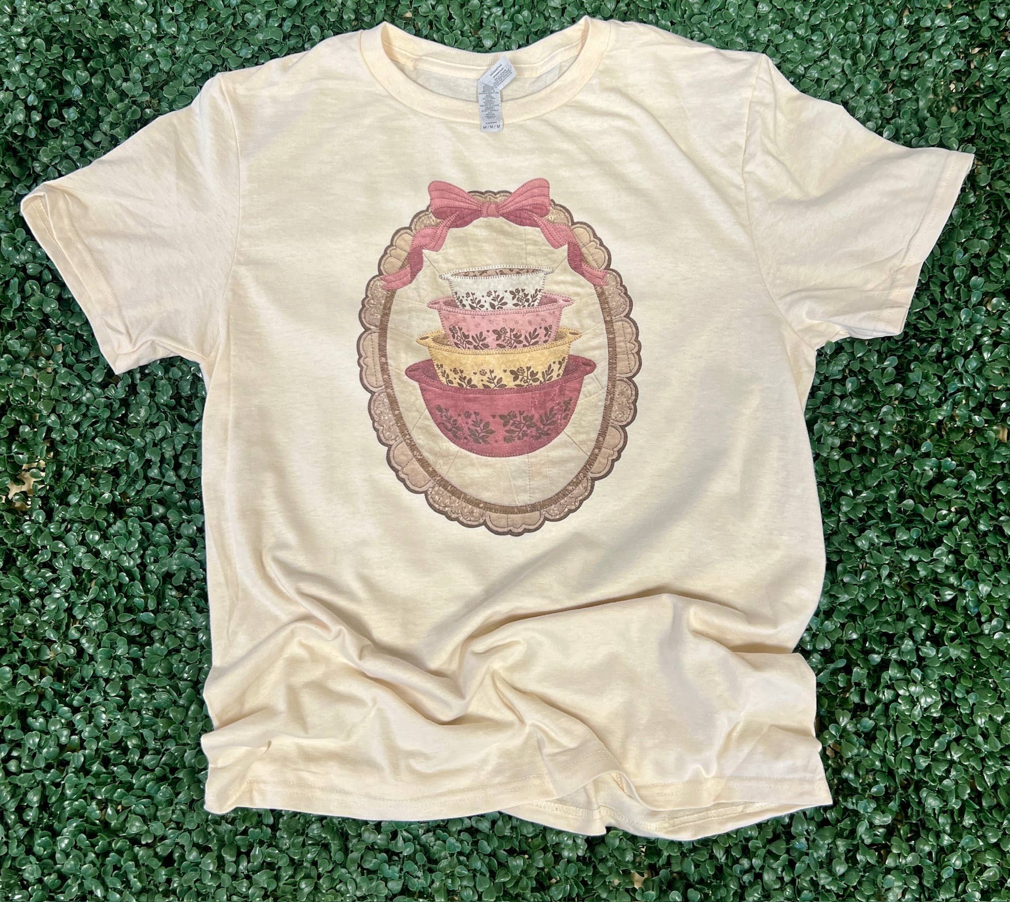 Vintage Pink Nesting Bowls On Cream Tee