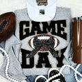 Black Chenille Football Game Day (Gold Backing) with Sequin Bow Patch Grey Crewneck Sweatshirt
