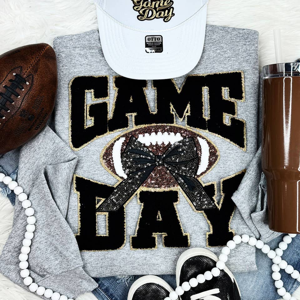 Black Chenille Football Game Day (Gold Backing) with Sequin Bow Patch Grey Crewneck Sweatshirt