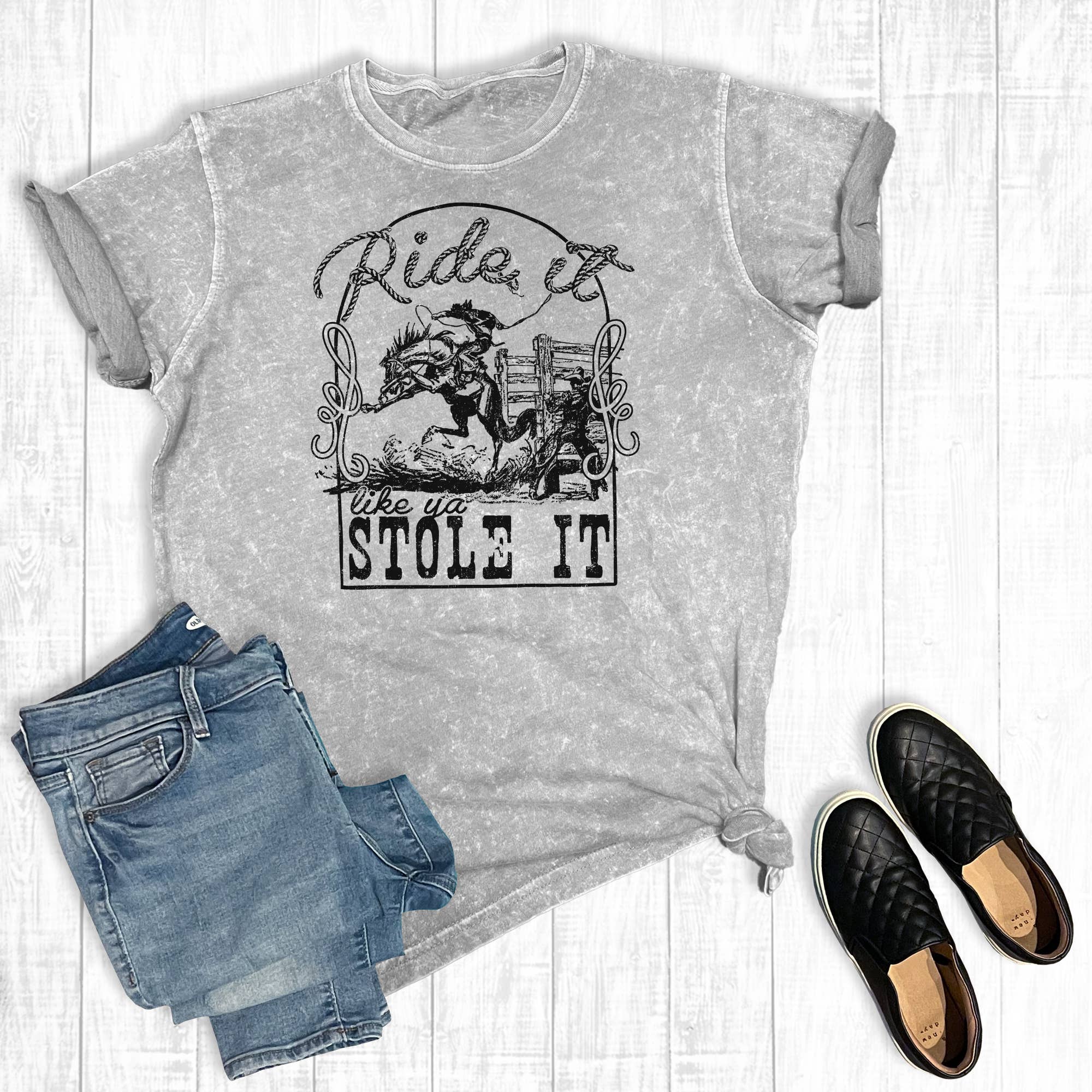 Western Ride It Like You Stole It Mineral Wash Graphic Tee