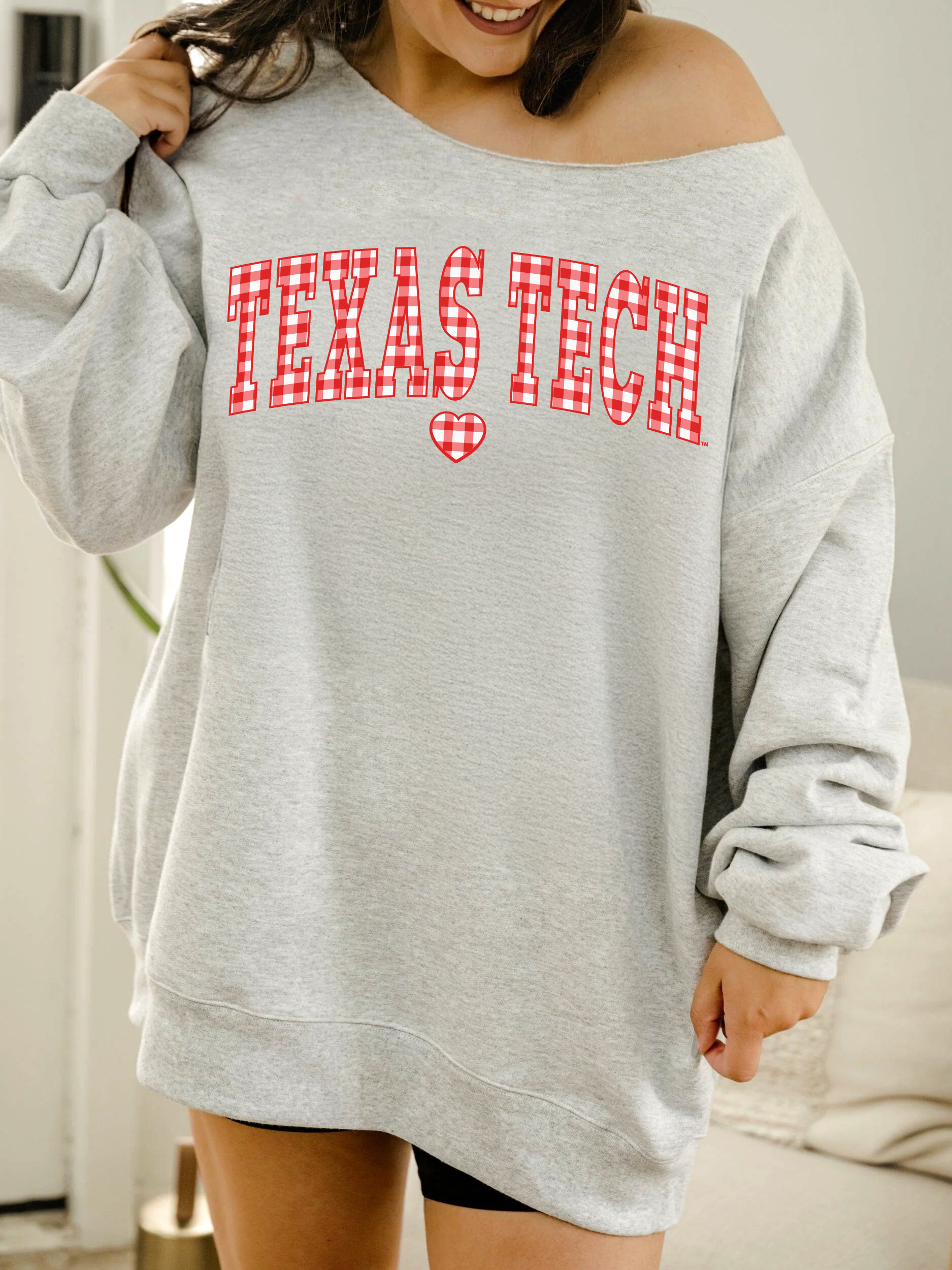 Texas Tech Gingham Heart Ash Gray Flashdance Sweatshirt