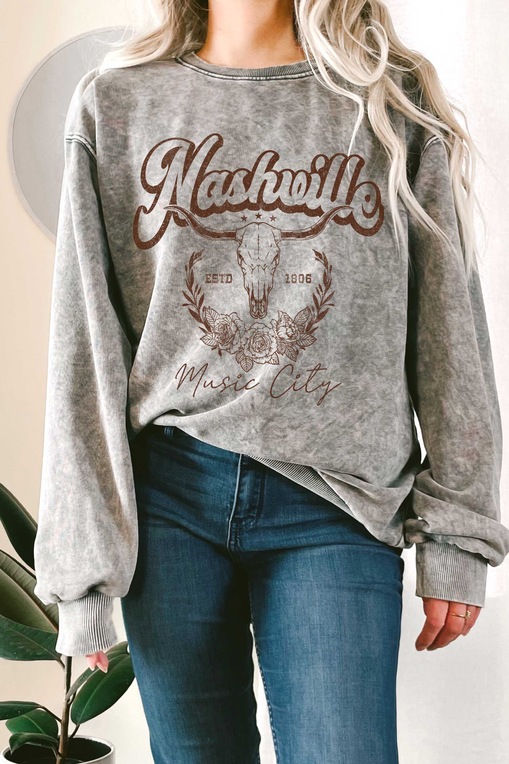 Nashville Flower Cow Skull Mineral Graphic Terry Sweatshirt