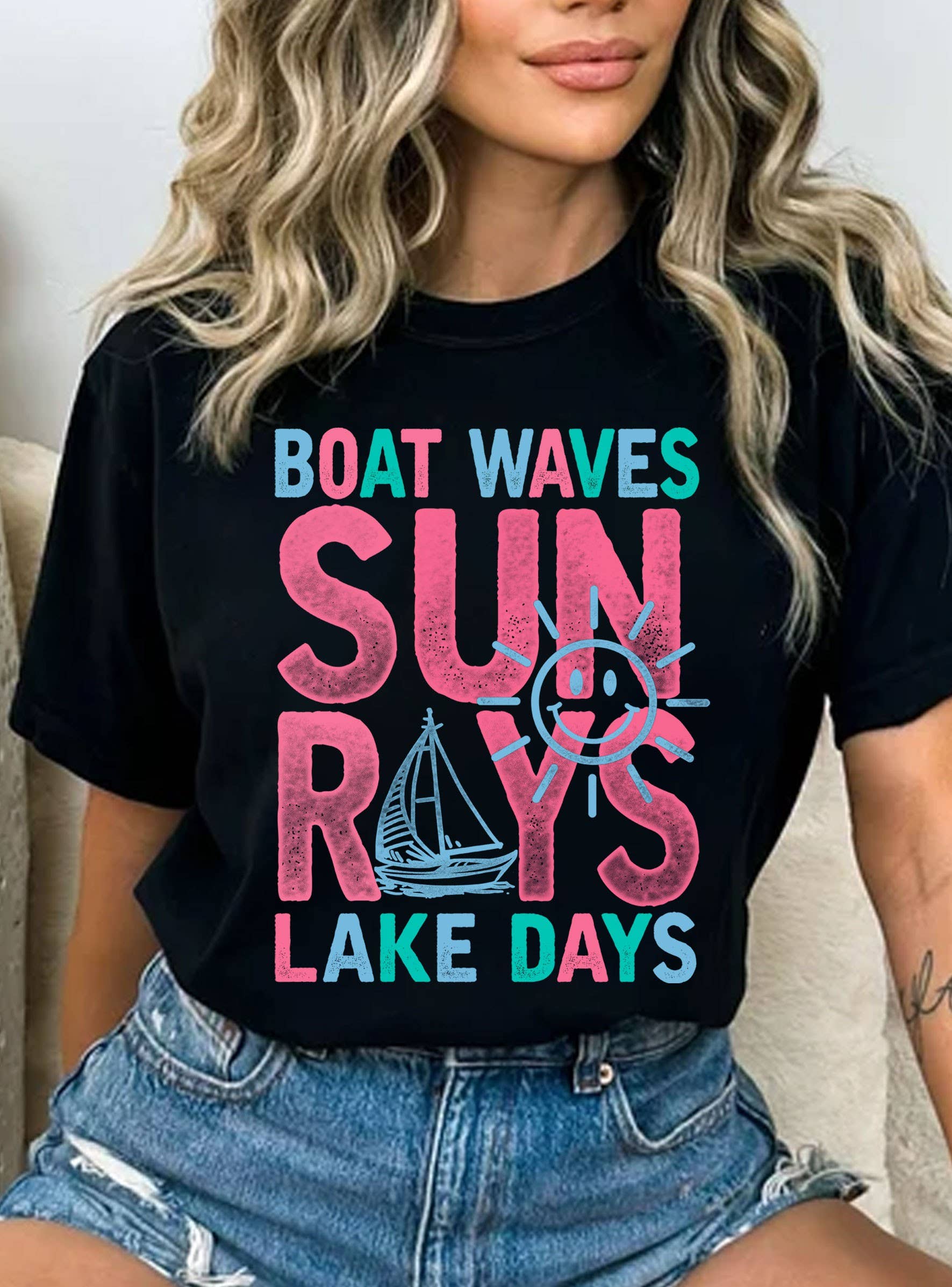Boat Waves Sun Ray Lake Days Graphic Tshirts