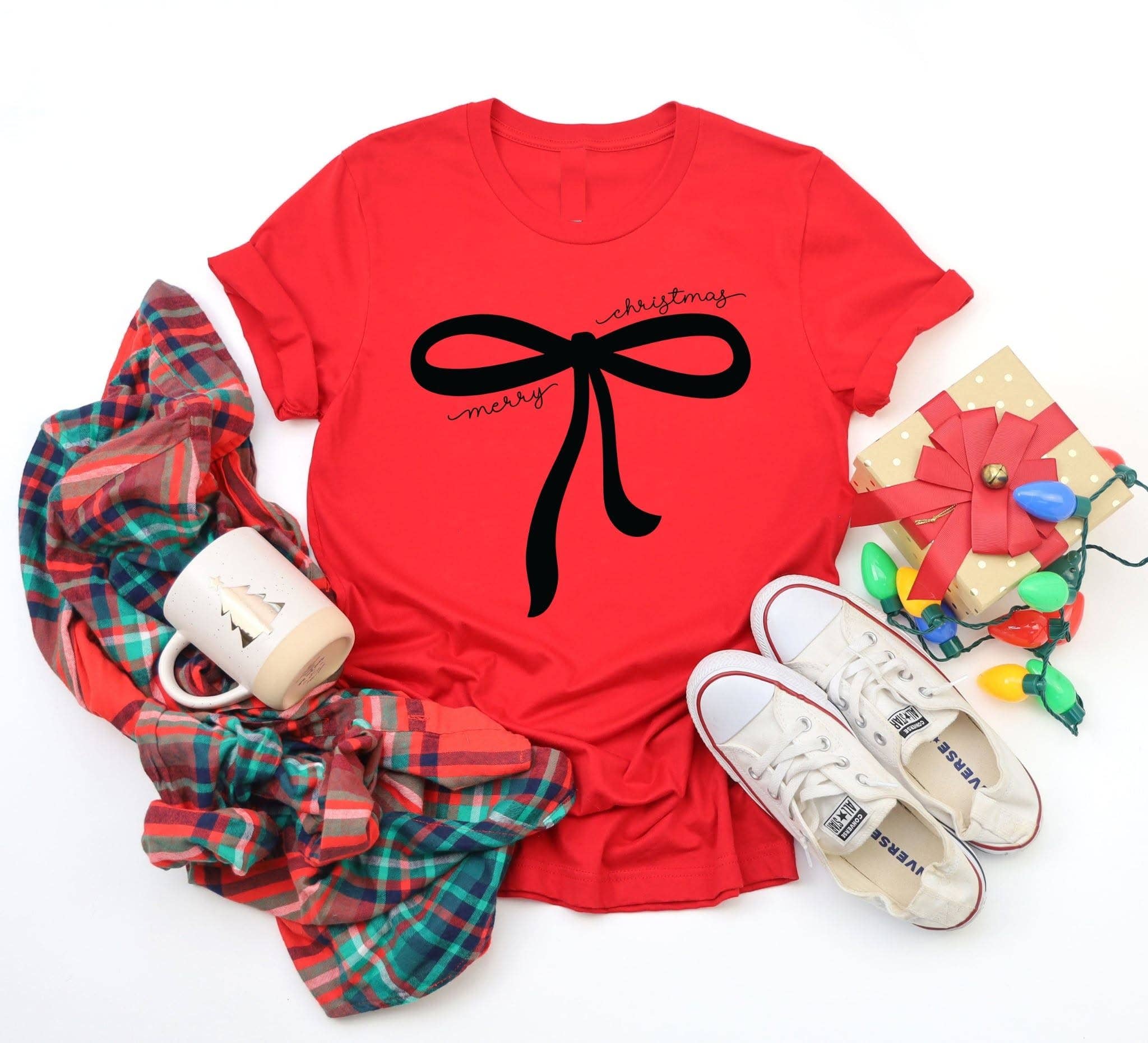 Merry Christmas Black Bow Red Christmas in July Graphic Tee