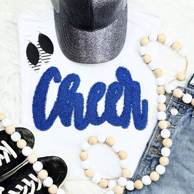 Cursive Chenille Cheer Royal Patch White Everyday Tee