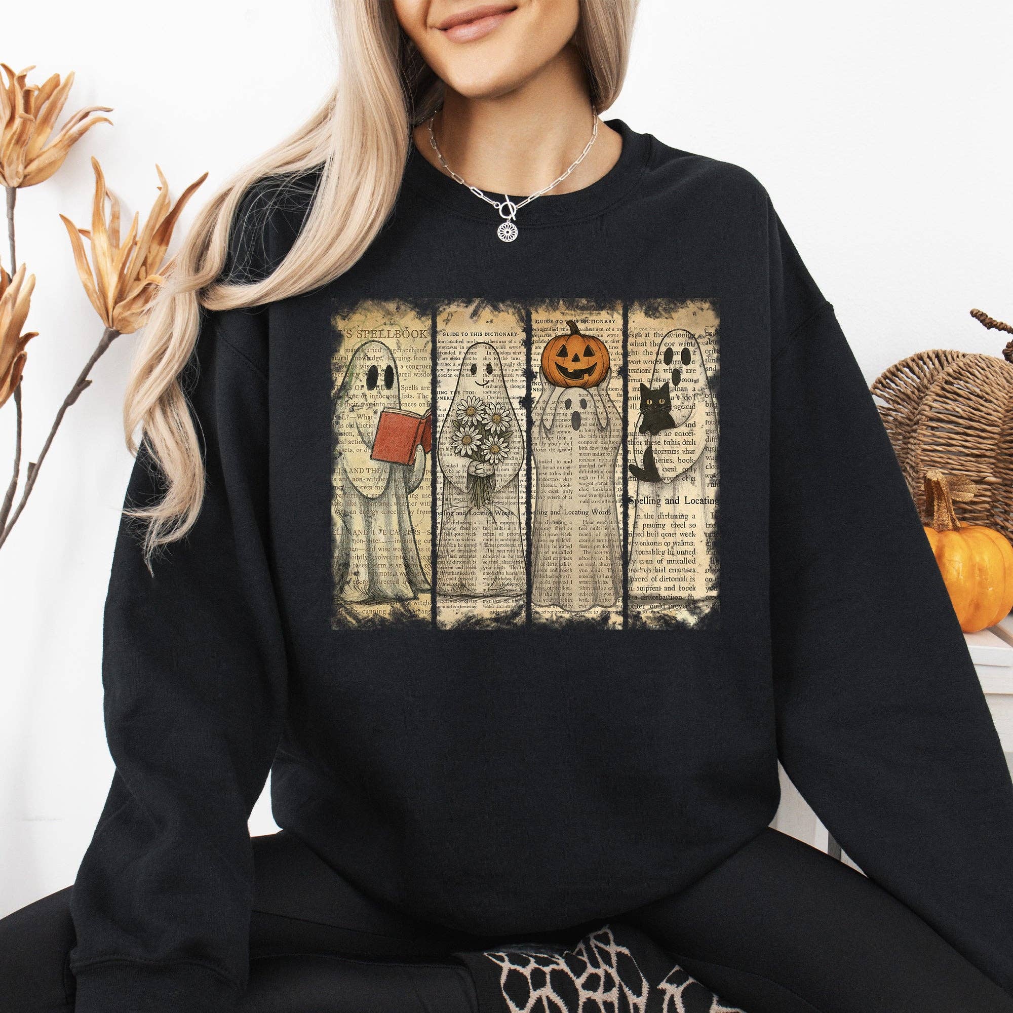 Vintage Newspaper Ghost, Halloween, Book, Cat Sweatshirt