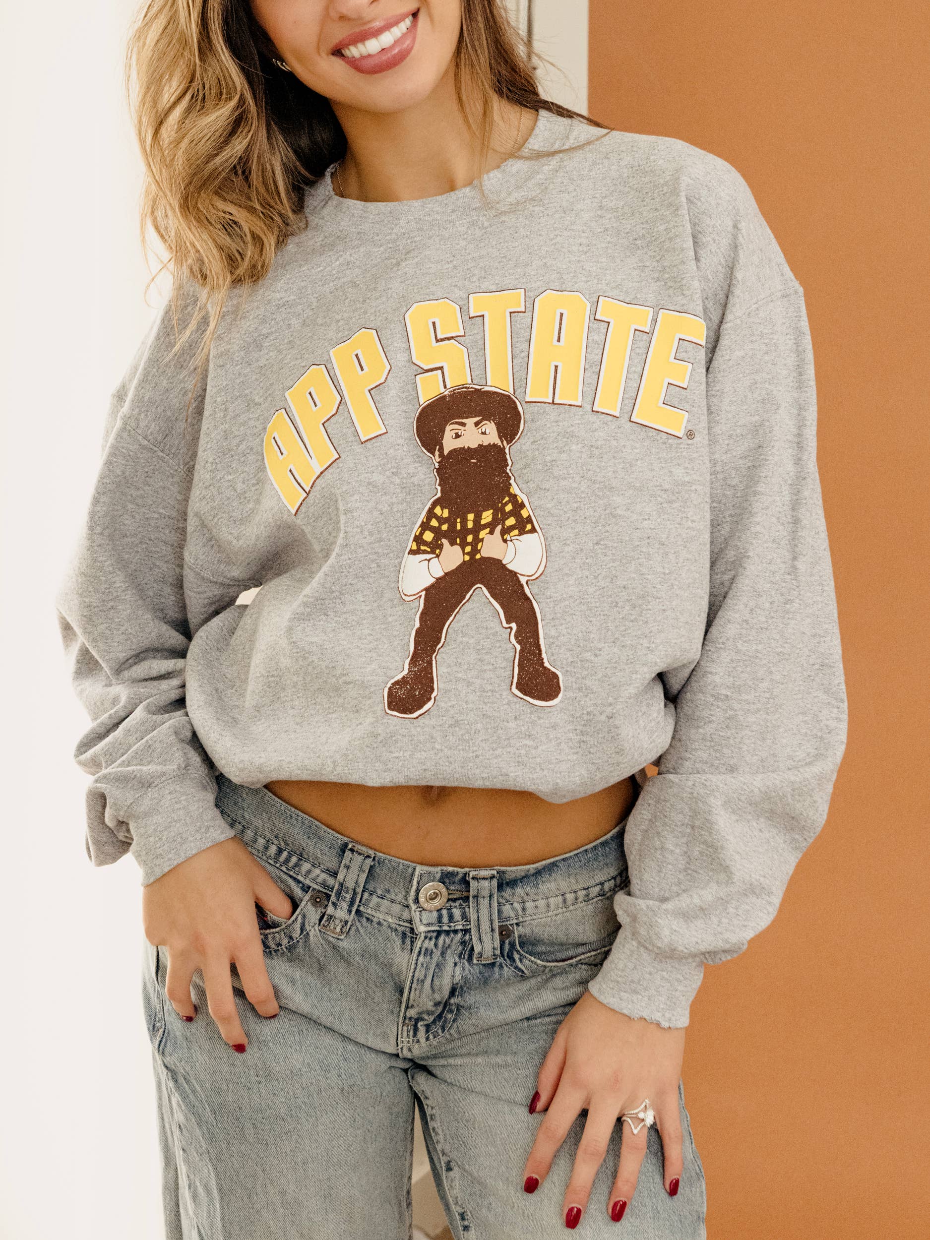 App State Cartoon Mascot Puff Gray Thrifted Sweatshirt