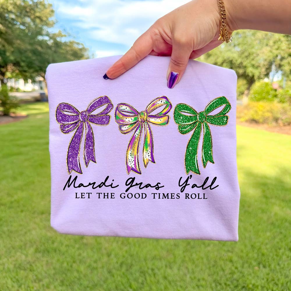 Faux Glitter Mardi Gras Y'all Bows Tee