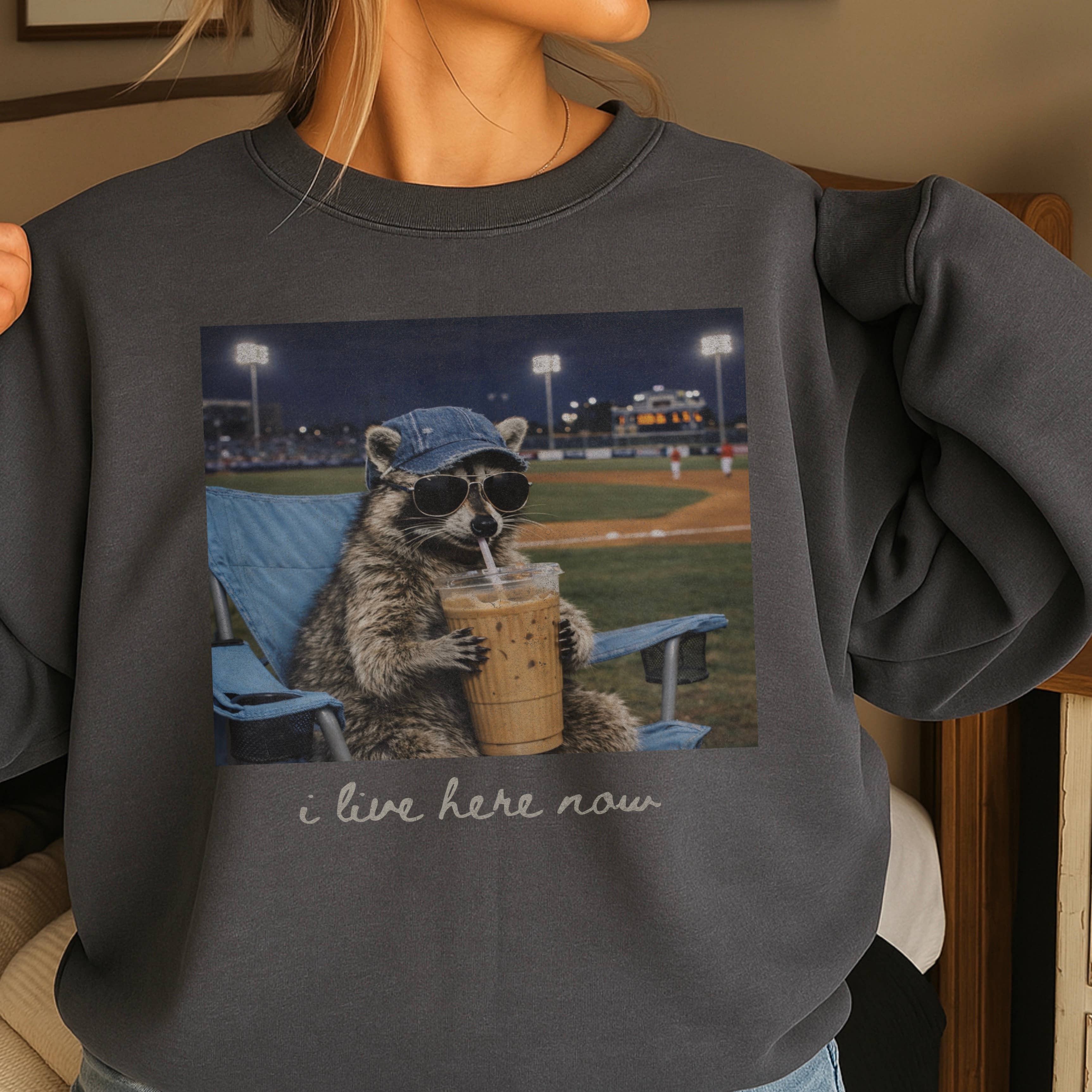 I Live Here Now Raccoon Baseball Sweatshirt | Gildan Brand