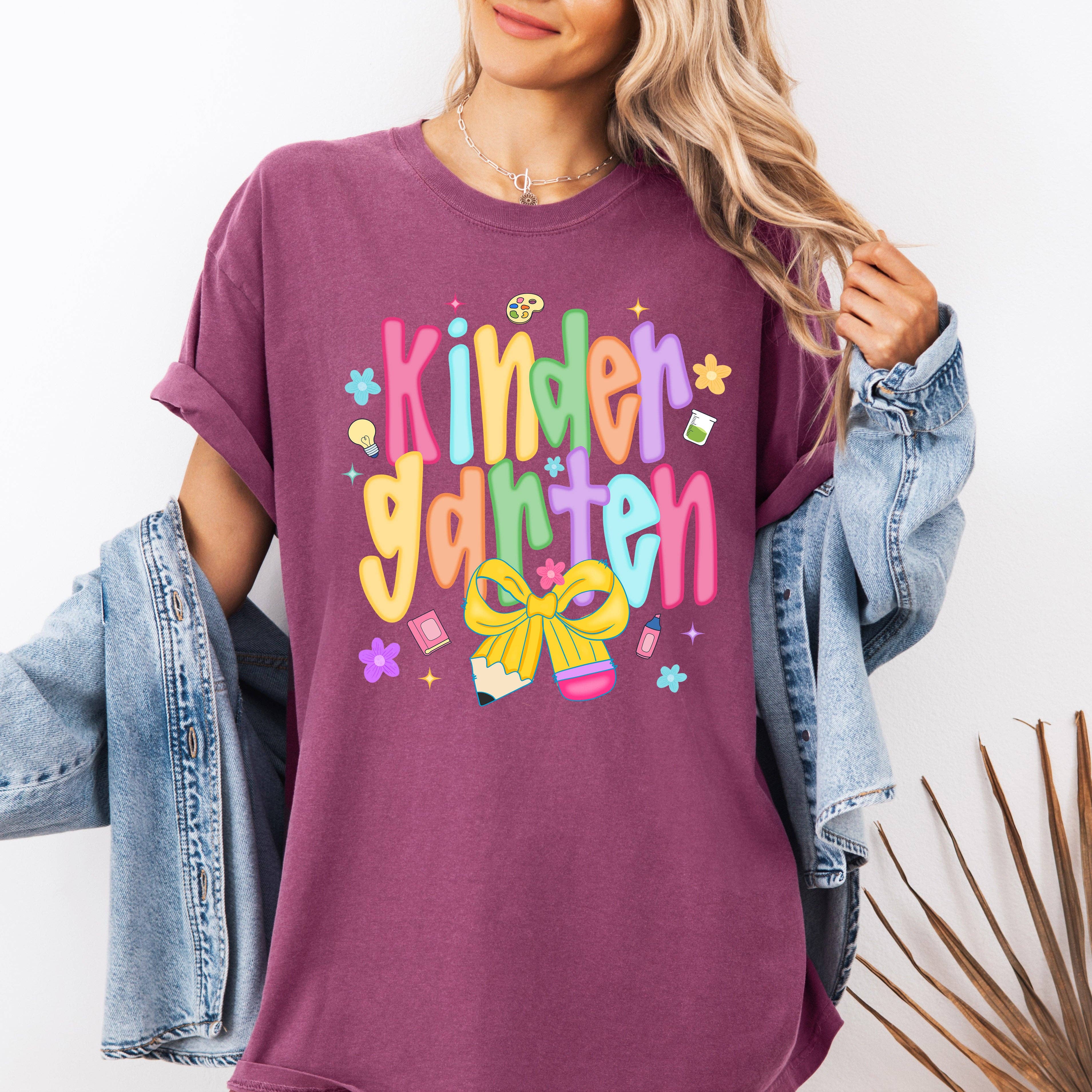 Kindergarten, Teacher, Back To School, Neon, Bow, T-Shirt