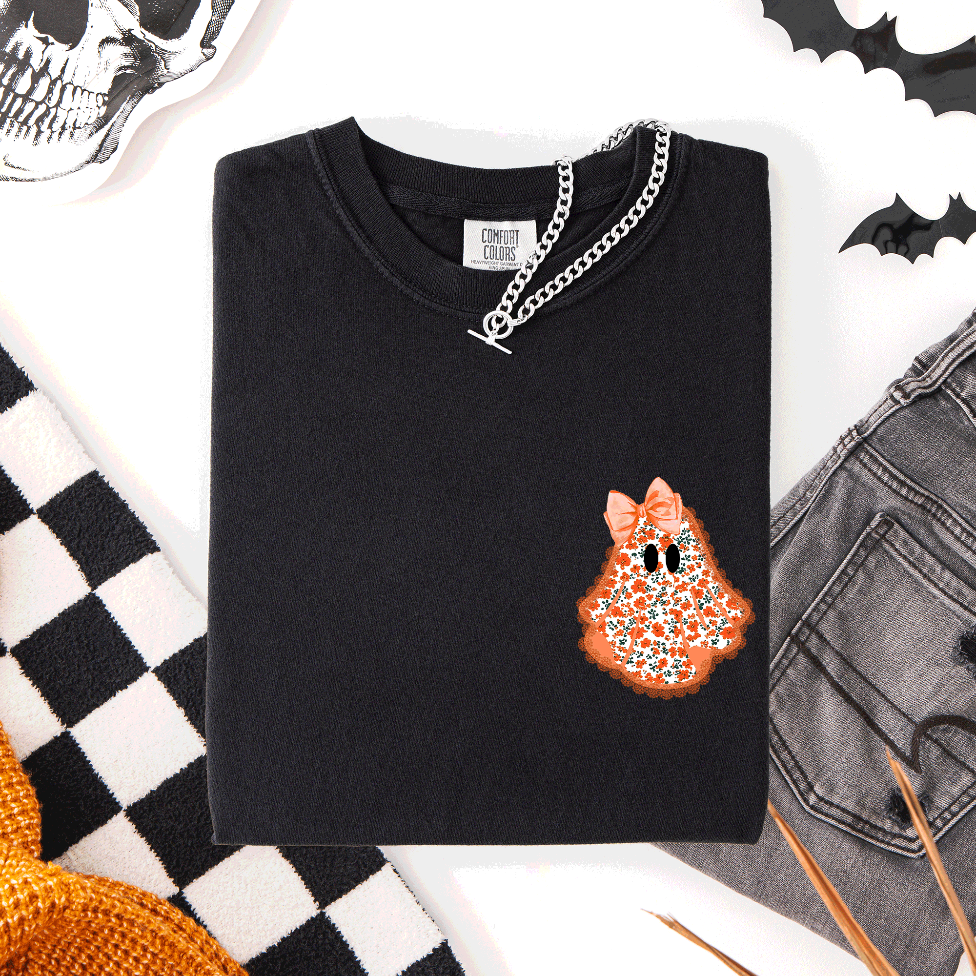 Cute Coquette, Faux Lace Ghost, Halloween, Pocket T-Shirt