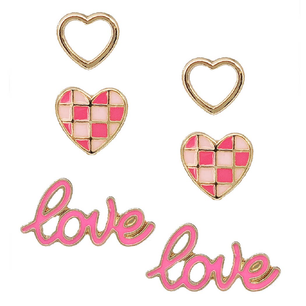 Love Checkered Heart 3 in 1 Post Earrings