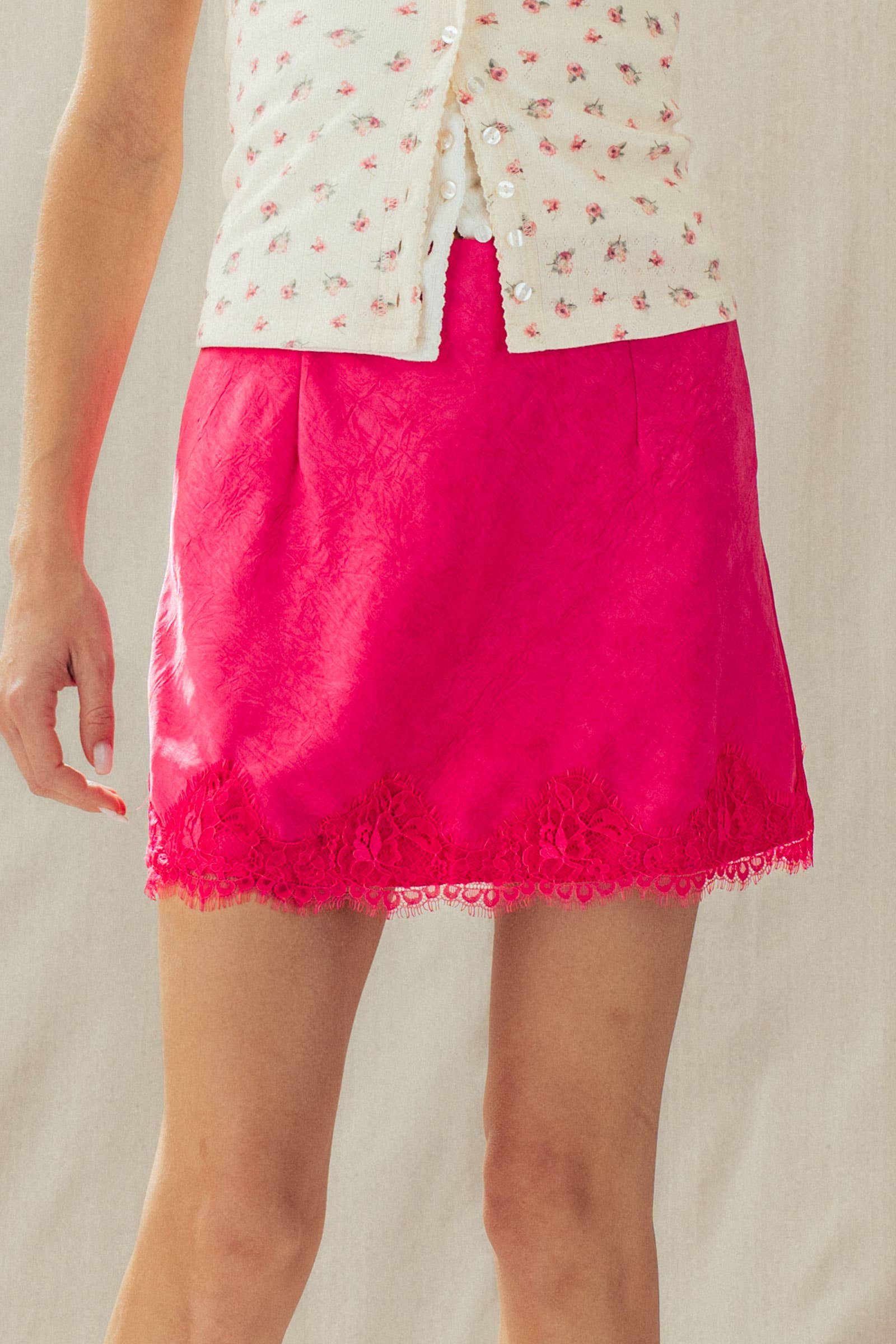 Romantic Scalloped Lace Trim Satin Mini Lingerie Skirt