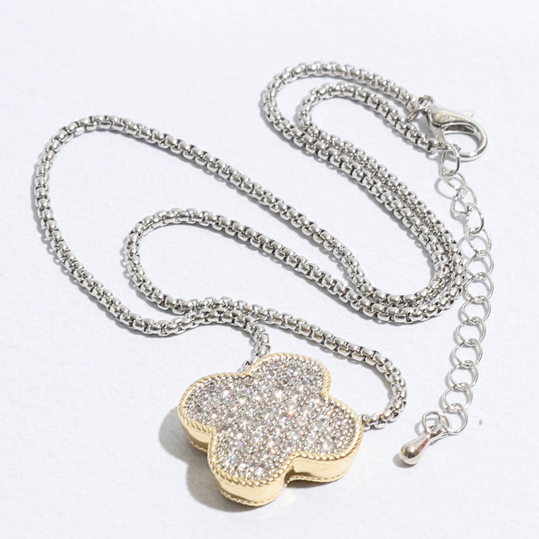 Gold Tone Outline Cz Clover Pendant Necklace
