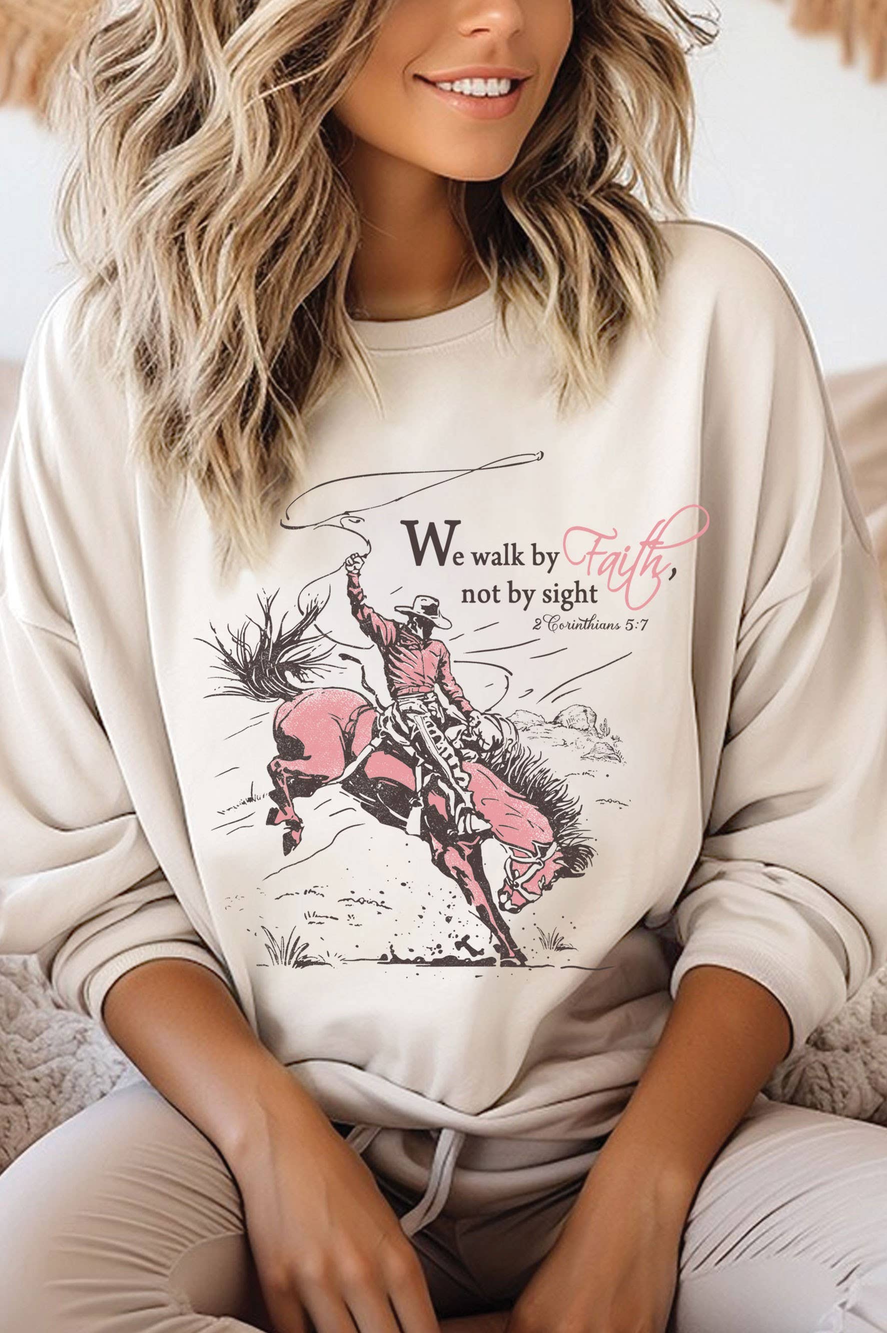 We Walk By Faith Cowboy Graphic Brushed Sweatshirts