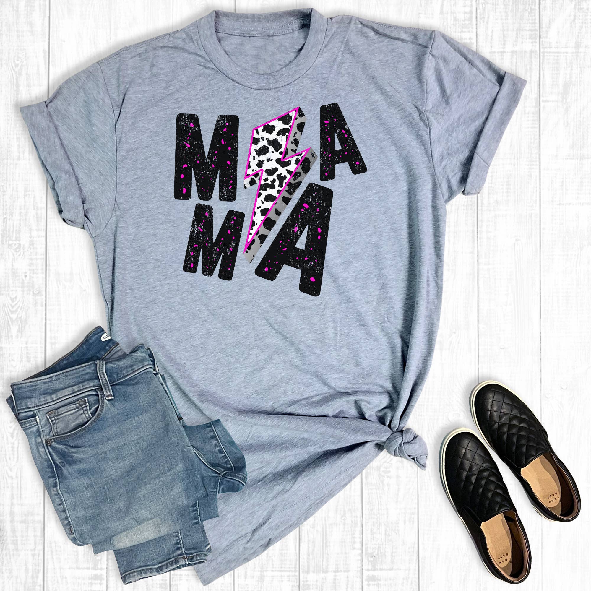 Cow Print Mama Lightning Bolt Mother's Day Graphic Tee