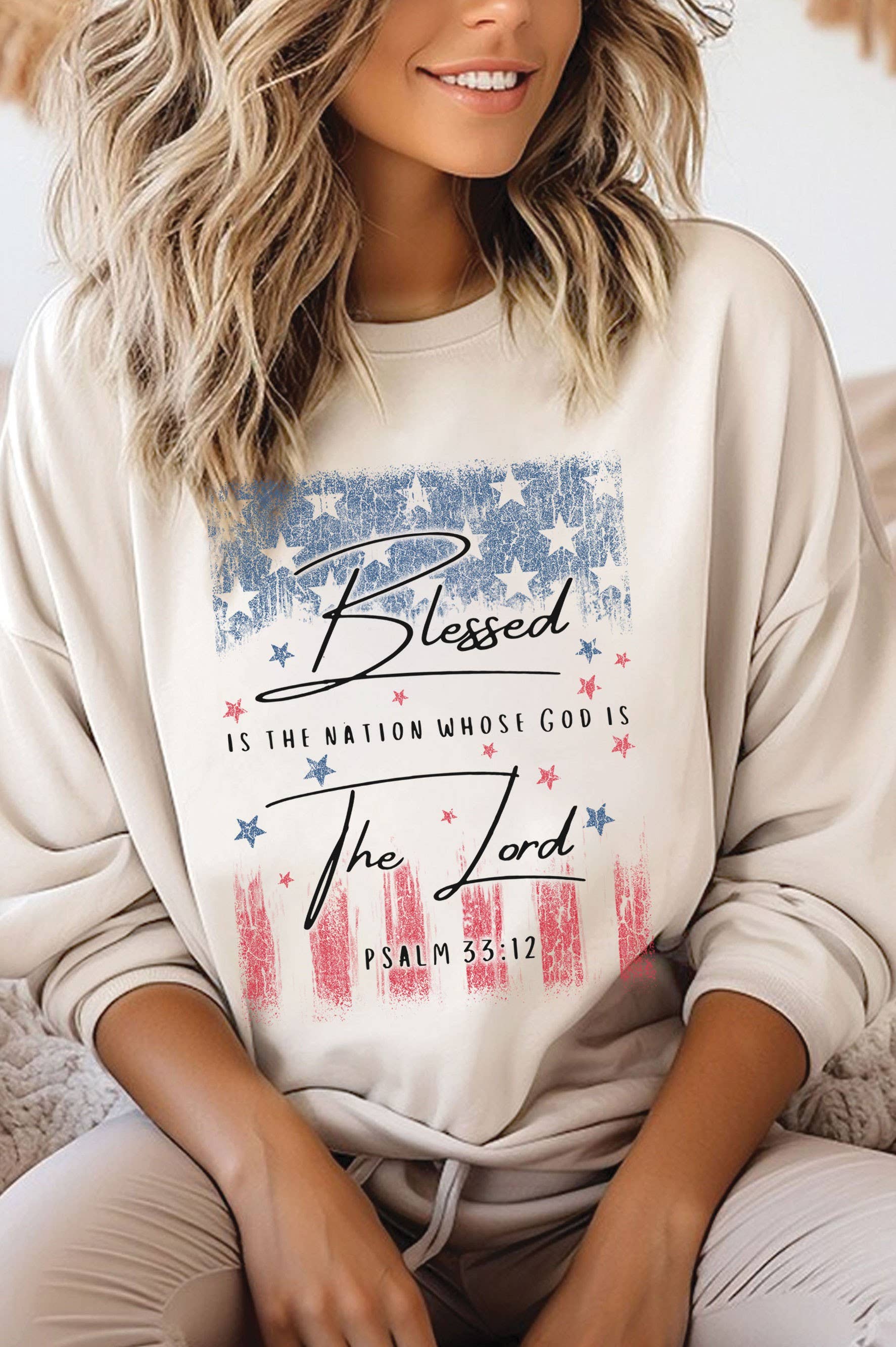 Blessed the Lord America Flag Graphic Brushed Sweatshirts