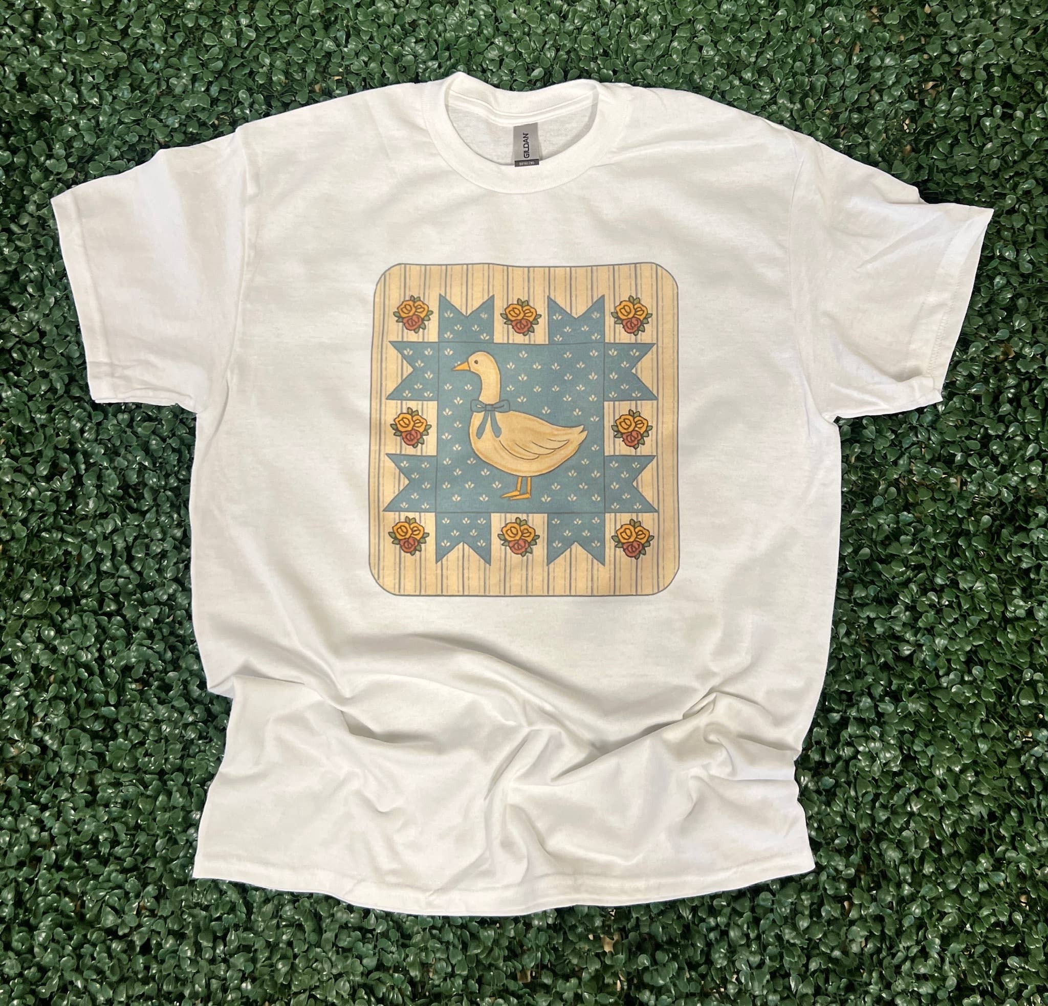 Vintage Blue Goose Quilt Block On White Tee