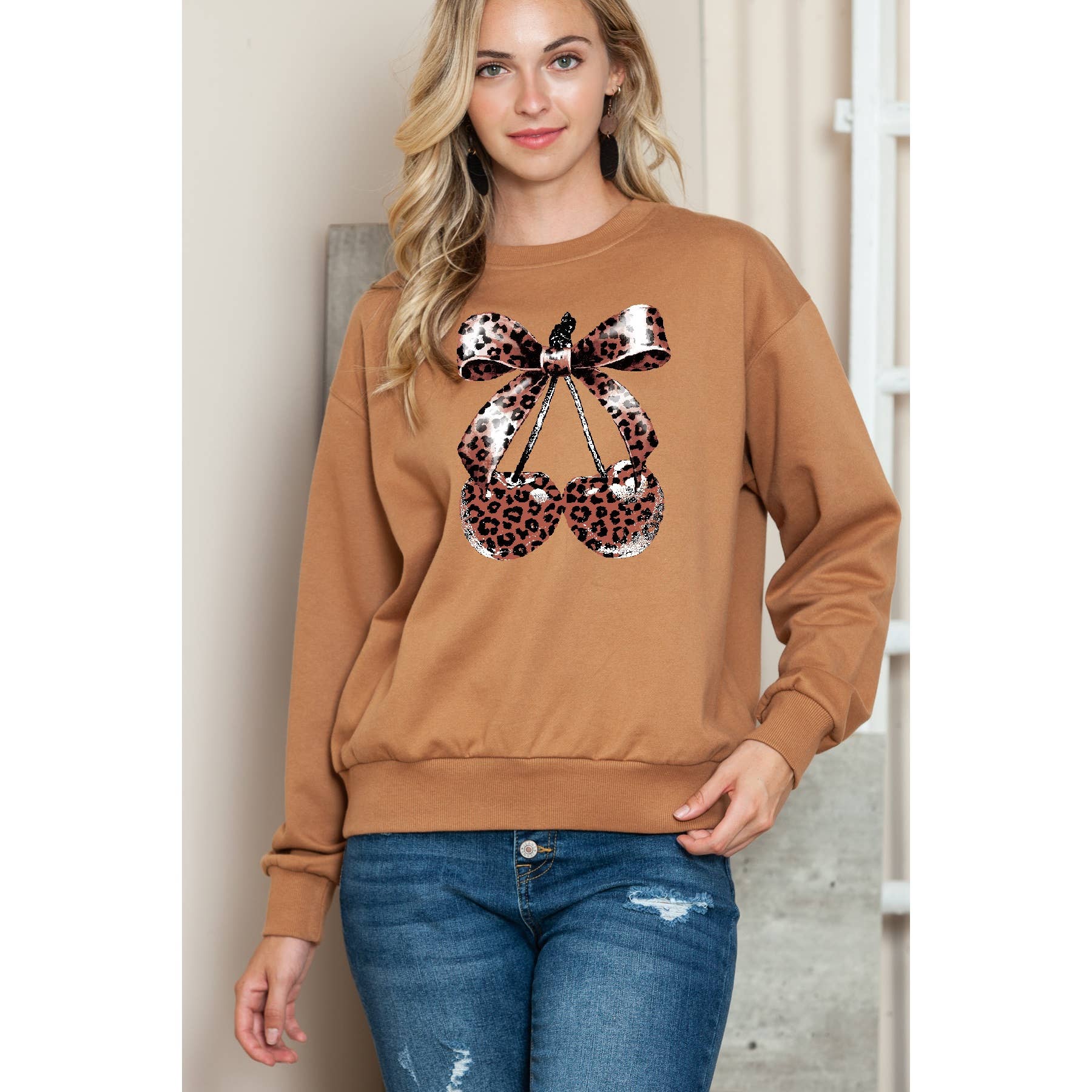 Leopard Bow Cherry Crewneck Sweatshirt