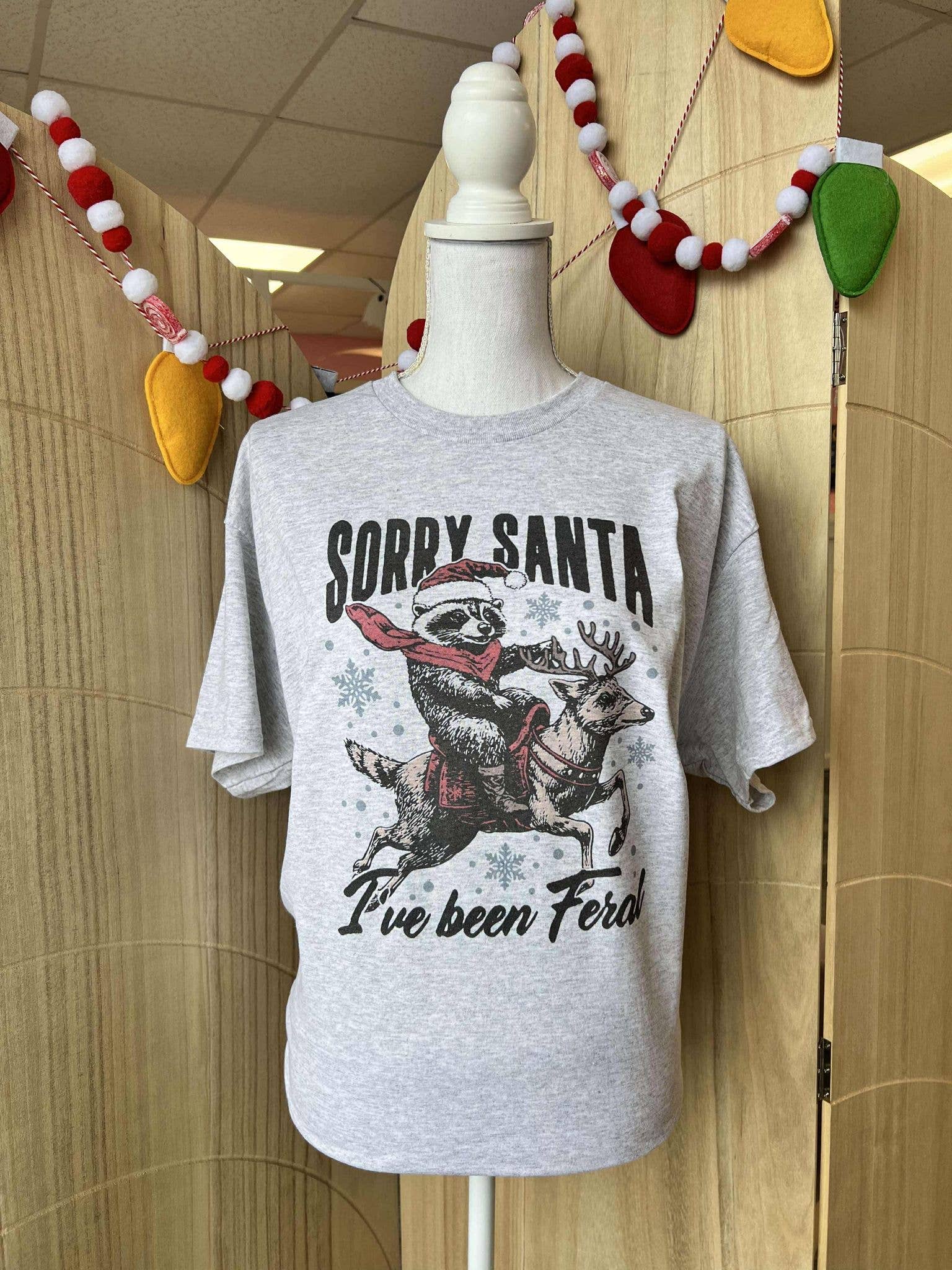 Sorry Santa I've Been Feral Raccoon On Ash Gray Tee