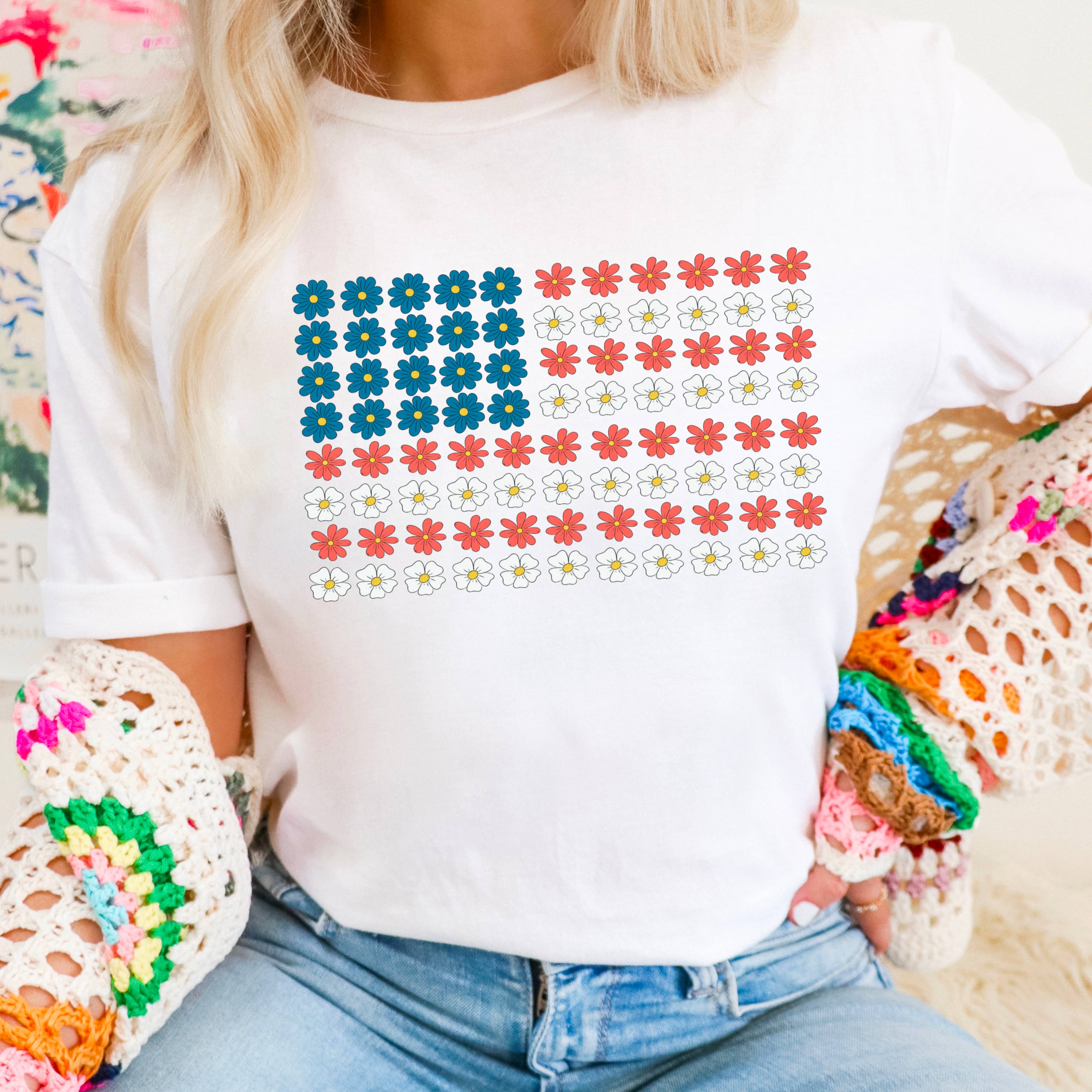 Floral American Flag | July 4th Graphic Tee | Gildan