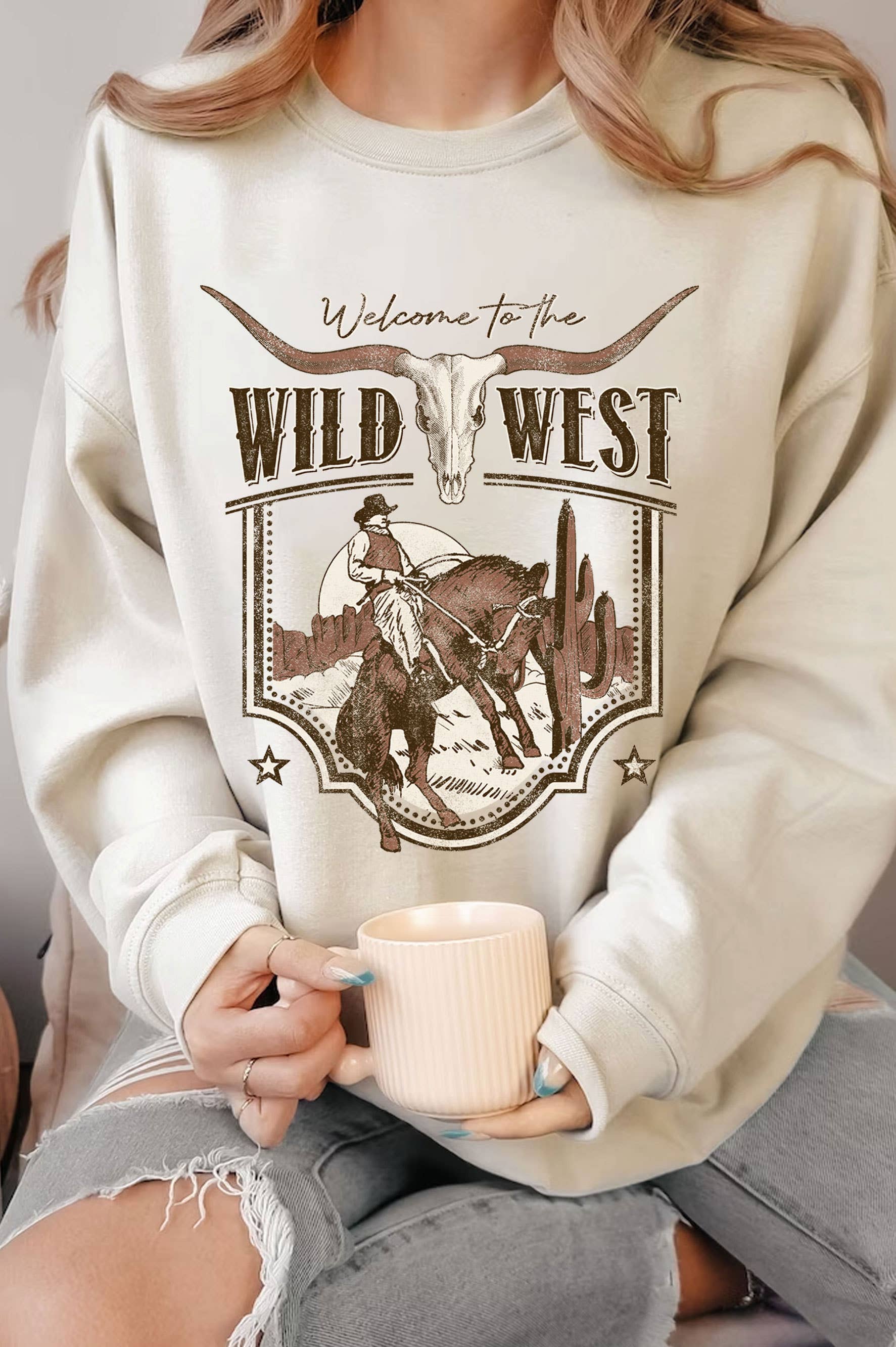 Welcome To the Wild West Cowboy Graphic Brush Sweatshirts