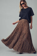Sophisticated Leopard Print Pleated Flowy A Line Midi Skirt
