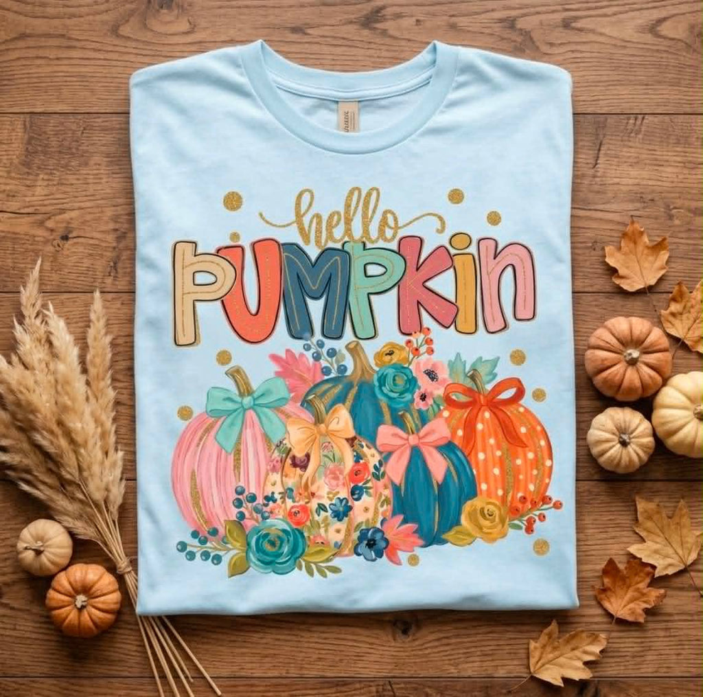 Helllo Pumpkin Blue Floral Fall Graphic Tee