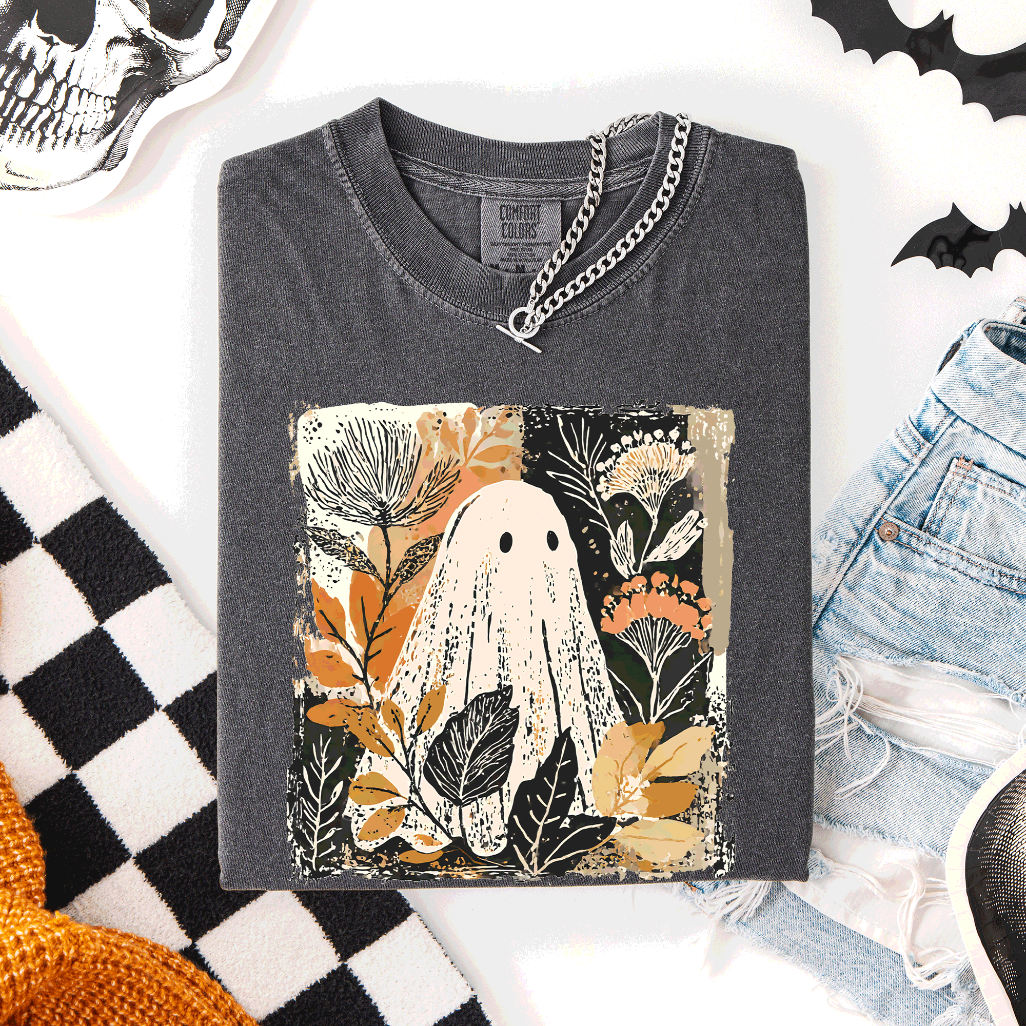 Vintage Ghost Halloween, Botanica Autumn, Fall T-Shirt