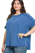 ..._ Plus Size Corded Rib Cuff Sleeve Raw Edge Top