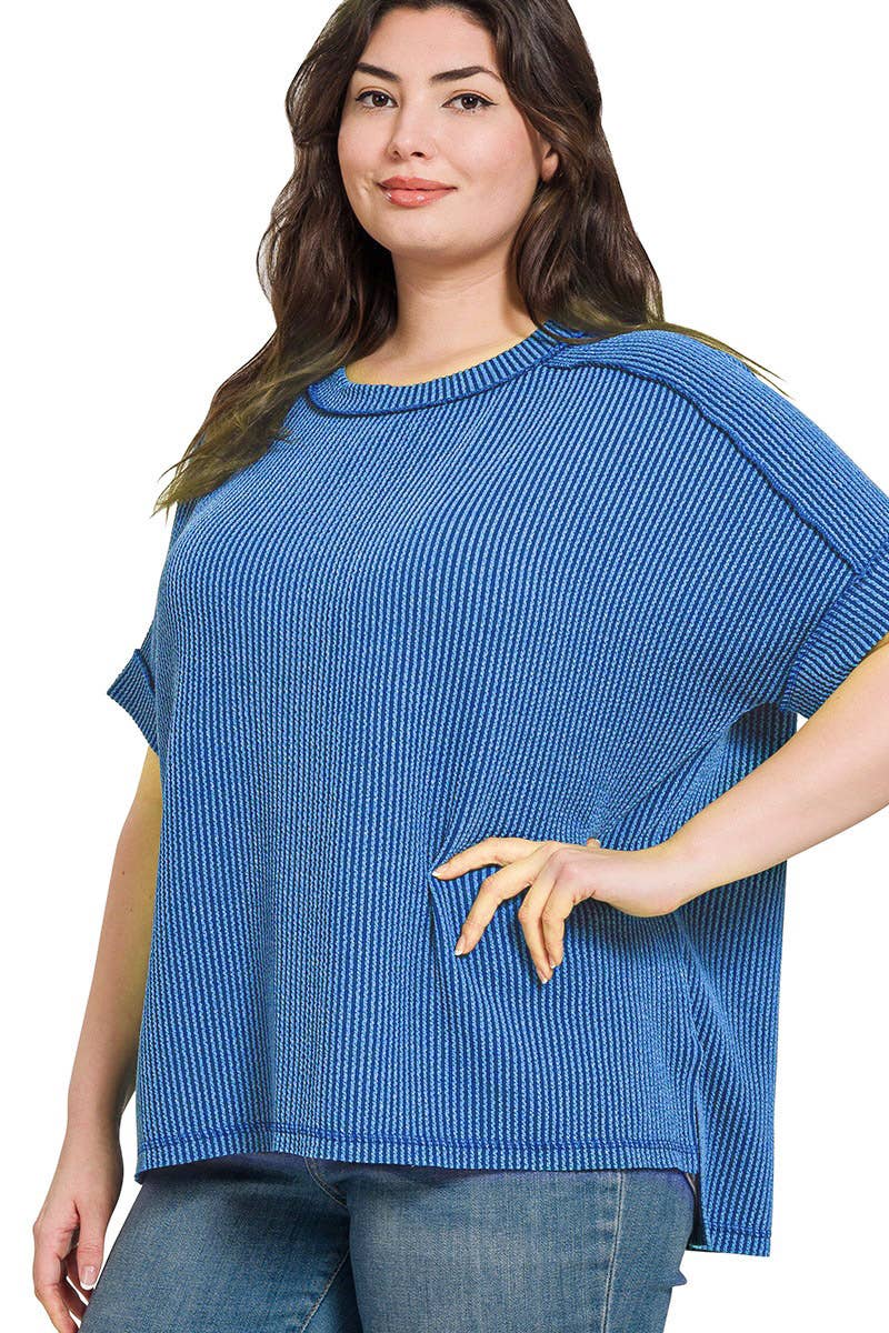 ..._ Plus Size Corded Rib Cuff Sleeve Raw Edge Top